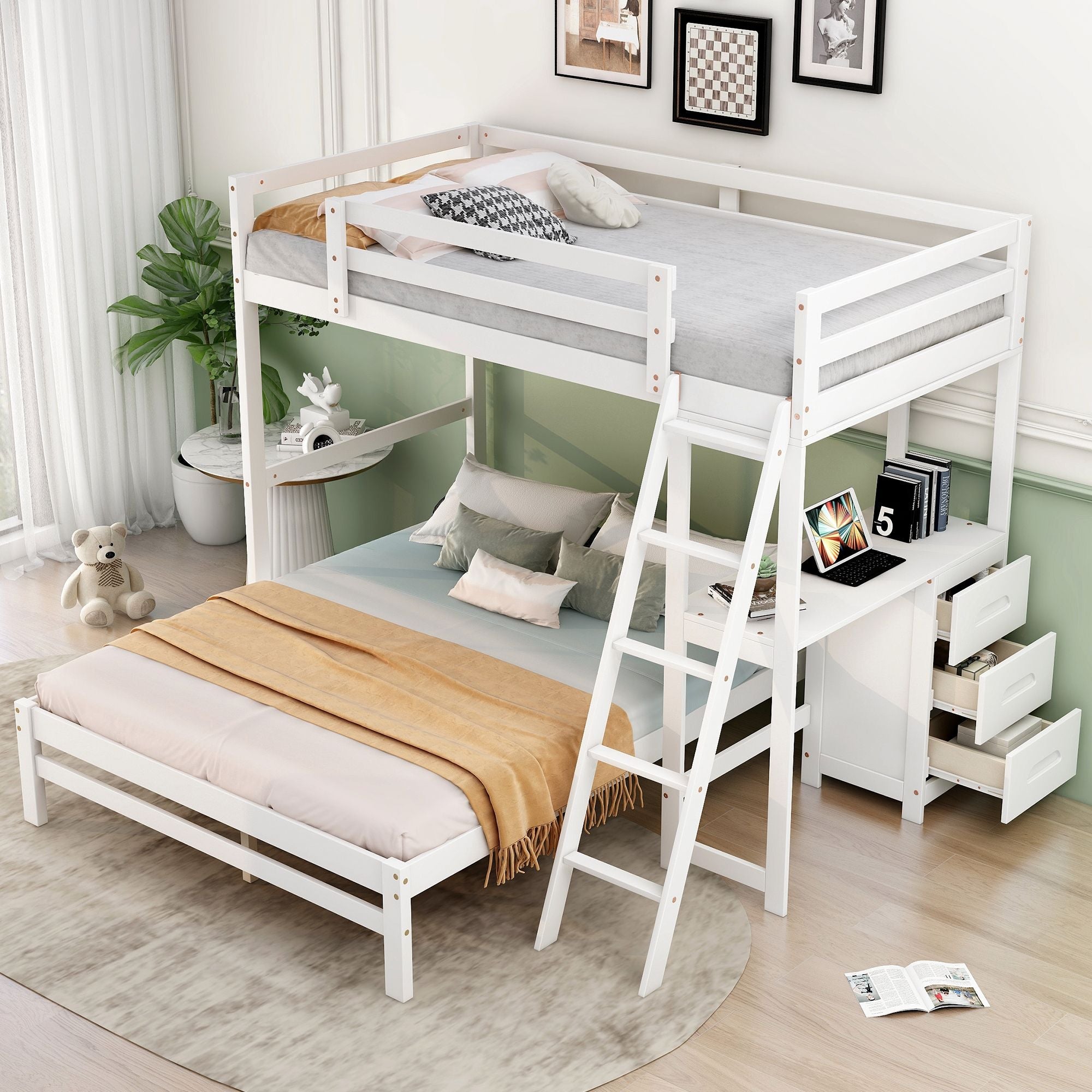 Kids Shared Room Twin Over Full Wood Bunk Bed with Built-in Desk and Three Drawers, White | Just Better Bunk Beds - Side View
