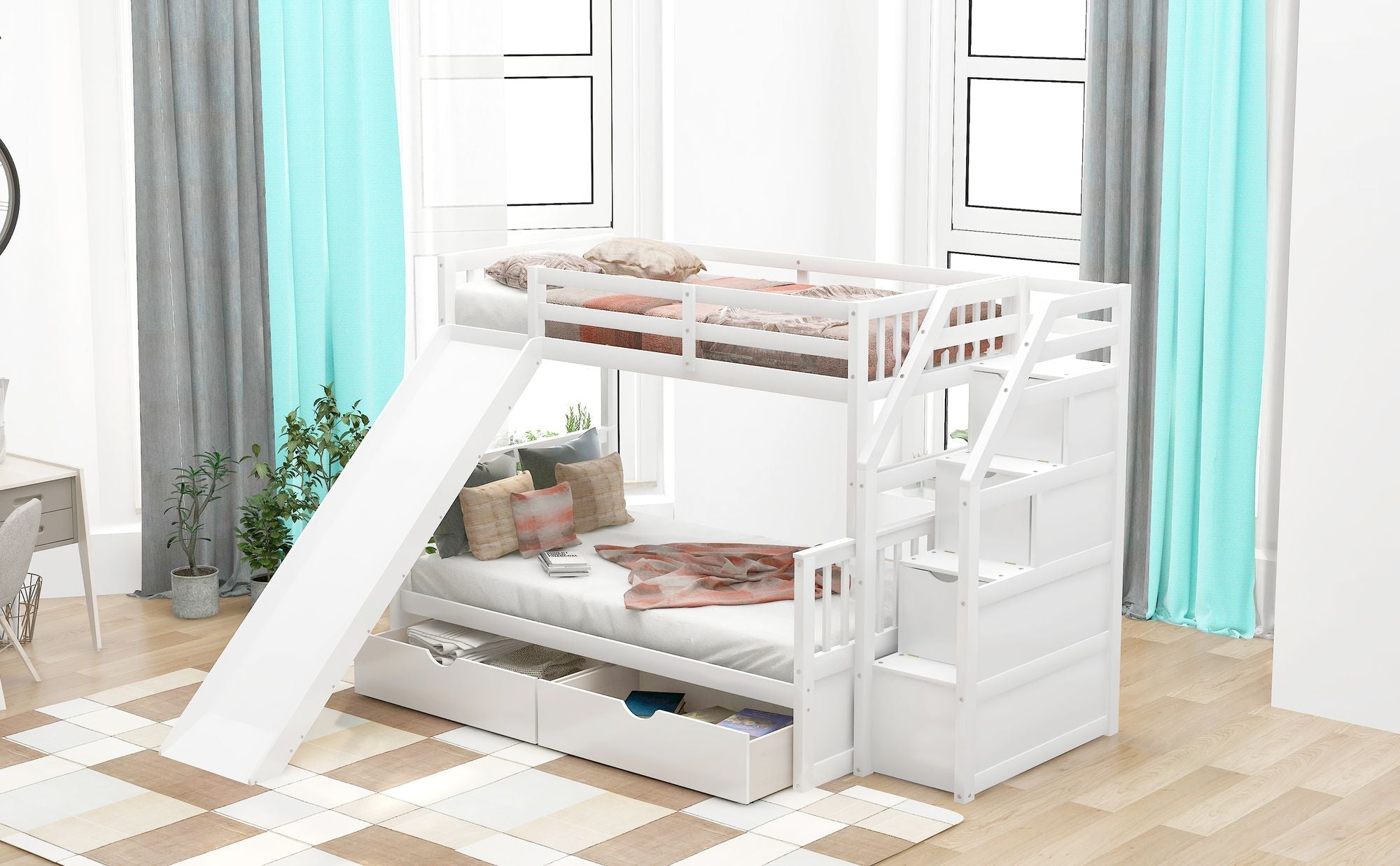 Kids Shared Room Twin Over Full Wood Bunk Bed with Drawers, Slide, and Stairs in White | Just Better Bunk Beds - Side View