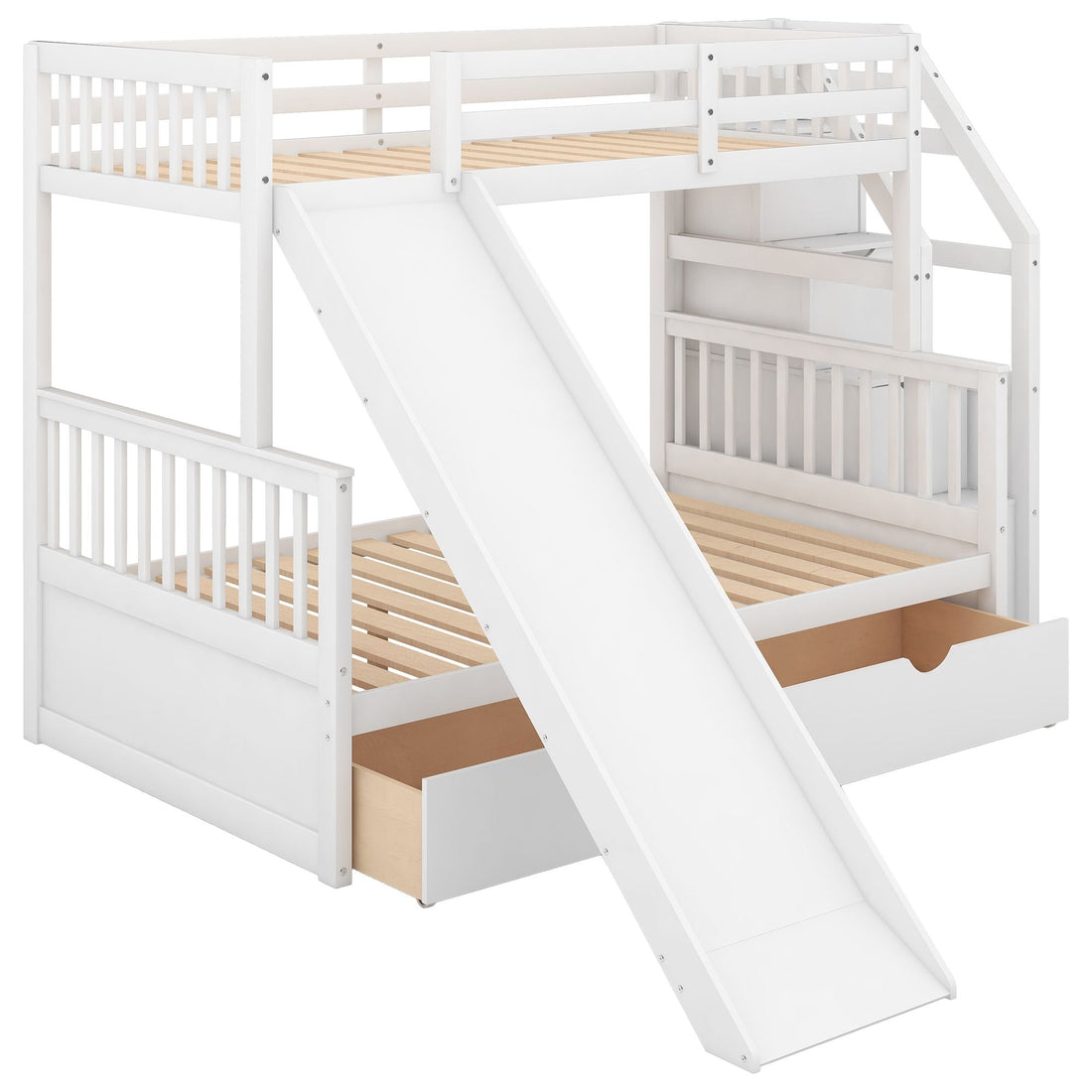 Kids Shared Room Twin Over Full Wood Bunk Bed with Drawers, Slide, and Stairs in White | Just Better Bunk Beds - View 10