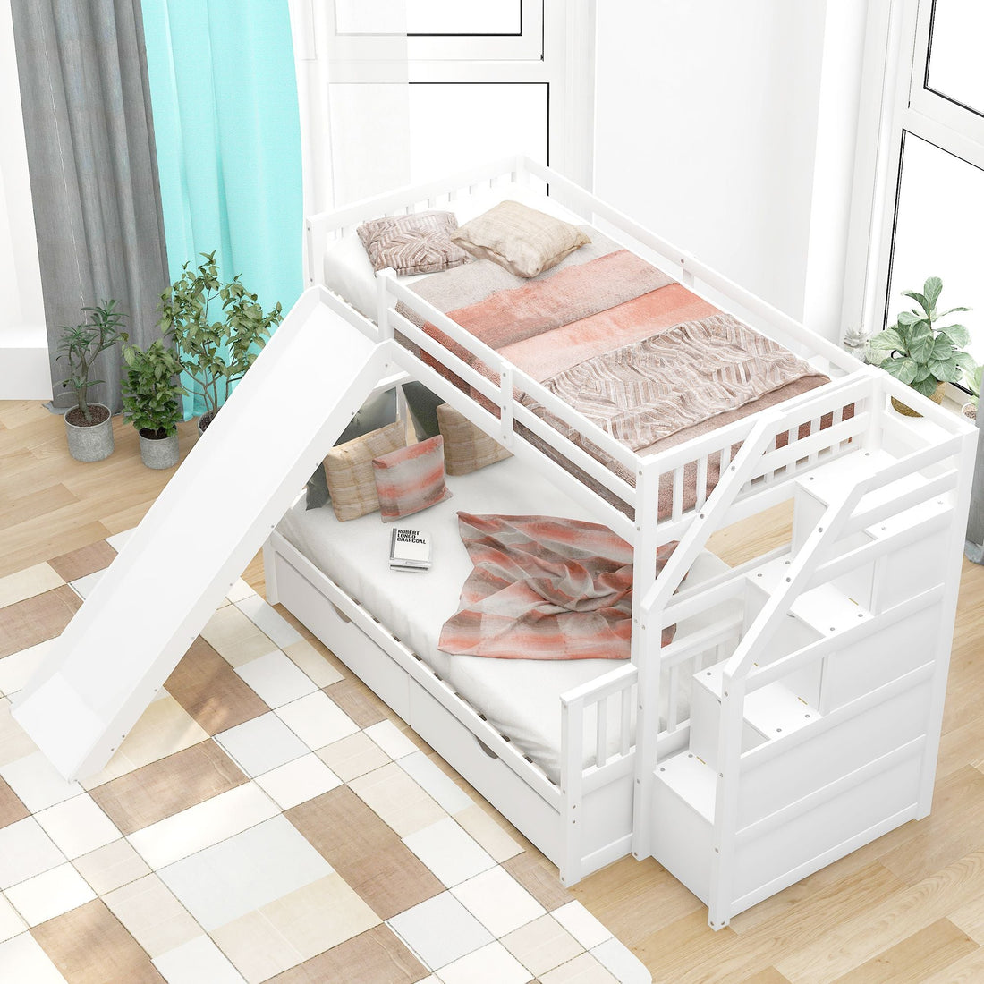 Kids Shared Room Twin Over Full Wood Bunk Bed with Drawers, Slide, and Stairs in White | Just Better Bunk Beds - Detail View