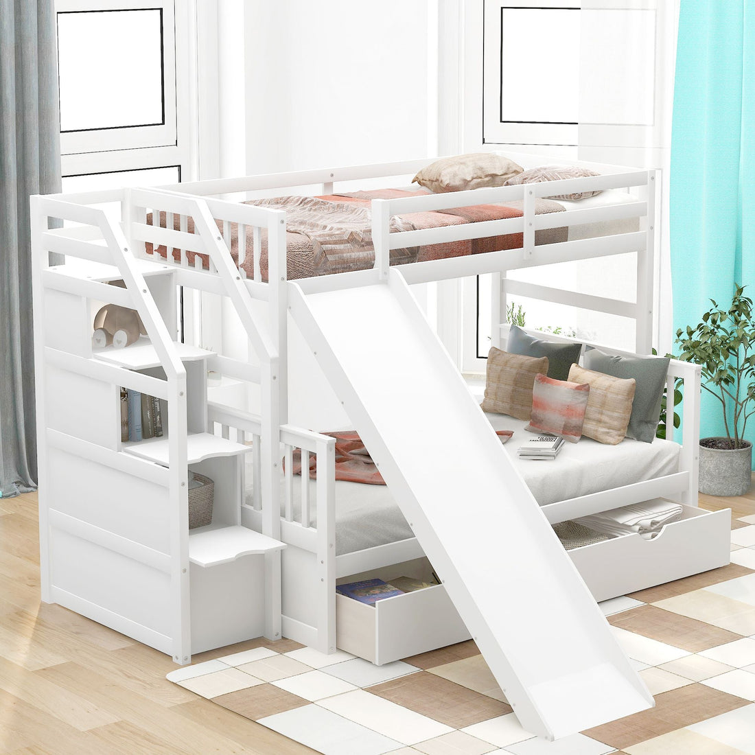 Kids Shared Room Twin Over Full Wood Bunk Bed with Drawers, Slide, and Stairs in White | Just Better Bunk Beds - Assembly View