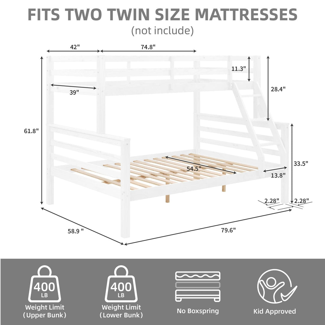 Kids Shared Room Twin Over Full Wood Bunk Bed with High Guardrail Ladder White | Just Better Bunk Beds - View 5