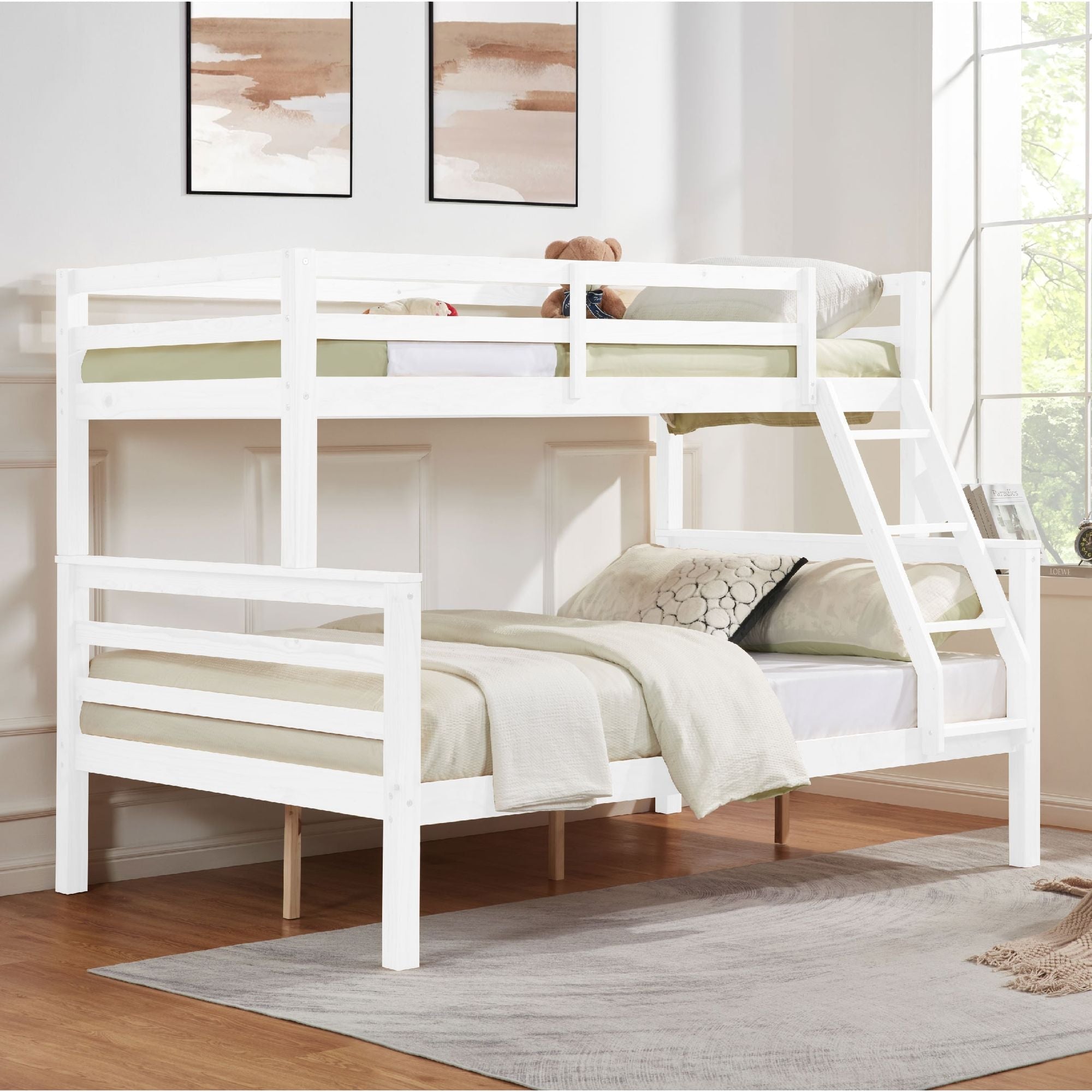 Kids Shared Room Twin Over Full Wood Bunk Bed with High Guardrail Ladder White | Just Better Bunk Beds - Front View