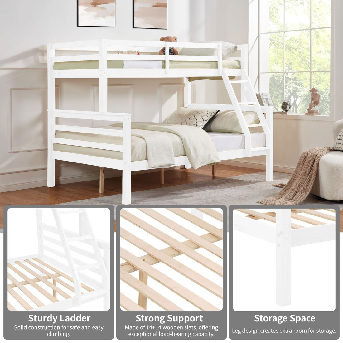 Kids Shared Room Twin Over Full Wood Bunk Bed with High Guardrail Ladder White | Just Better Bunk Beds - Detail View
