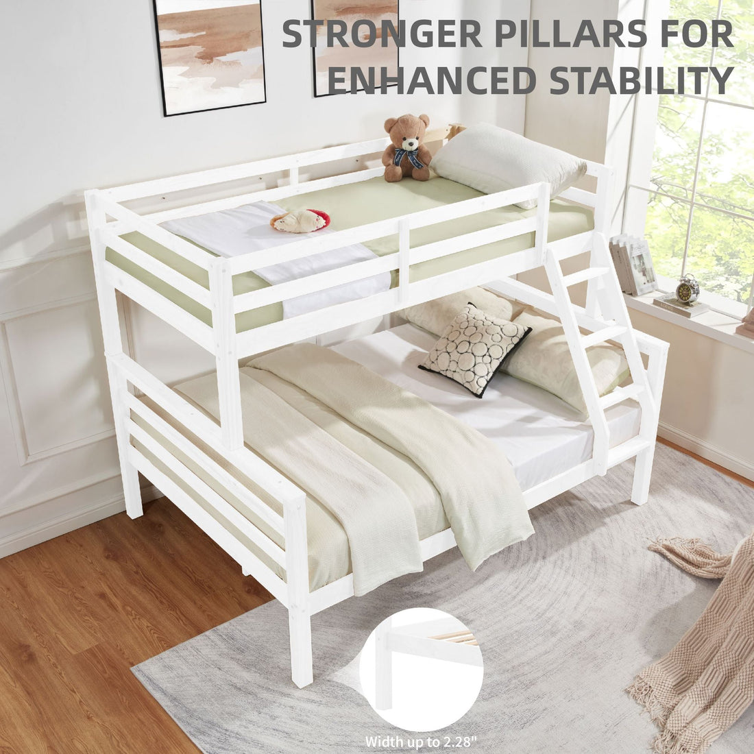 Kids Shared Room Twin Over Full Wood Bunk Bed with High Guardrail Ladder White | Just Better Bunk Beds - Assembly View