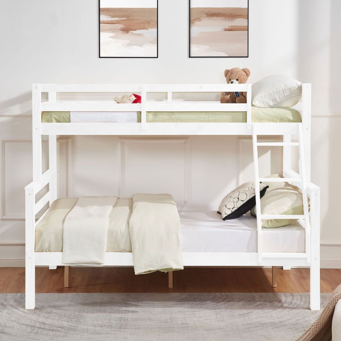 Kids Shared Room Twin Over Full Wood Bunk Bed with High Guardrail Ladder White | Just Better Bunk Beds - Side View