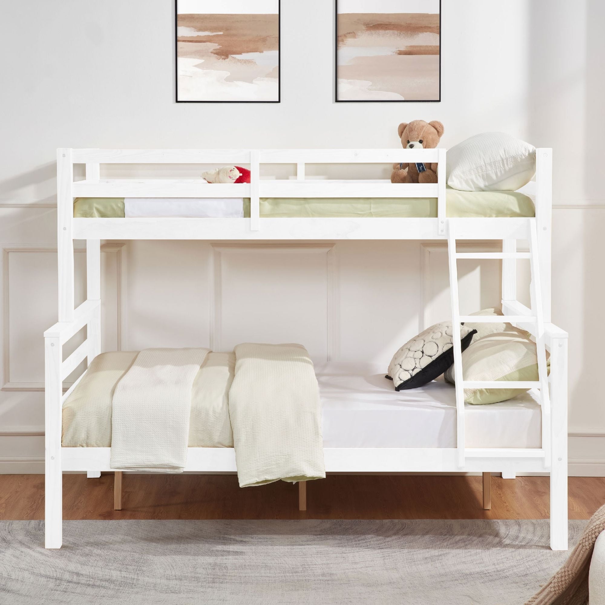 Kids Shared Room Twin Over Full Wood Bunk Bed with High Guardrail Ladder White | Just Better Bunk Beds - Side View