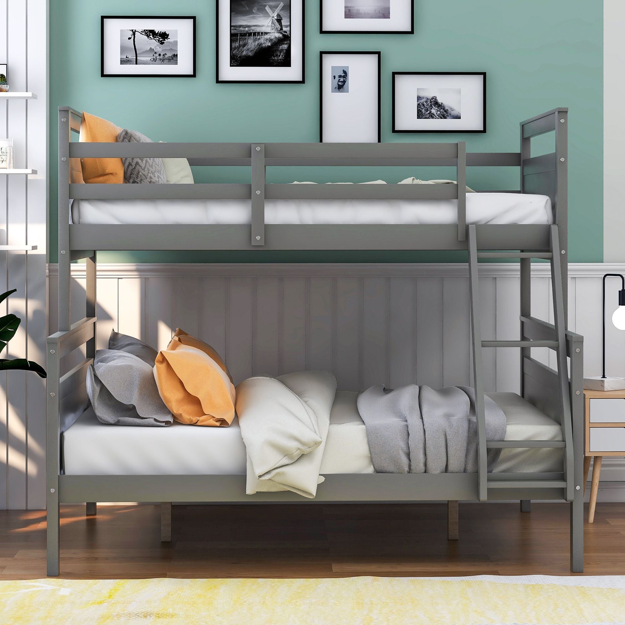Kids Shared Room Twin Over Full Wood Bunk Bed with Ladder and Safety Guardrail, Gray | Just Better Bunk Beds - Side View