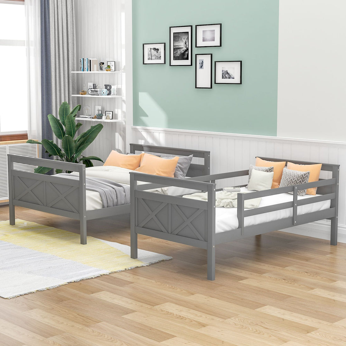 Kids Shared Room Twin Over Full Wood Bunk Bed with Ladder and Safety Guardrail, Gray | Just Better Bunk Beds - Detail View