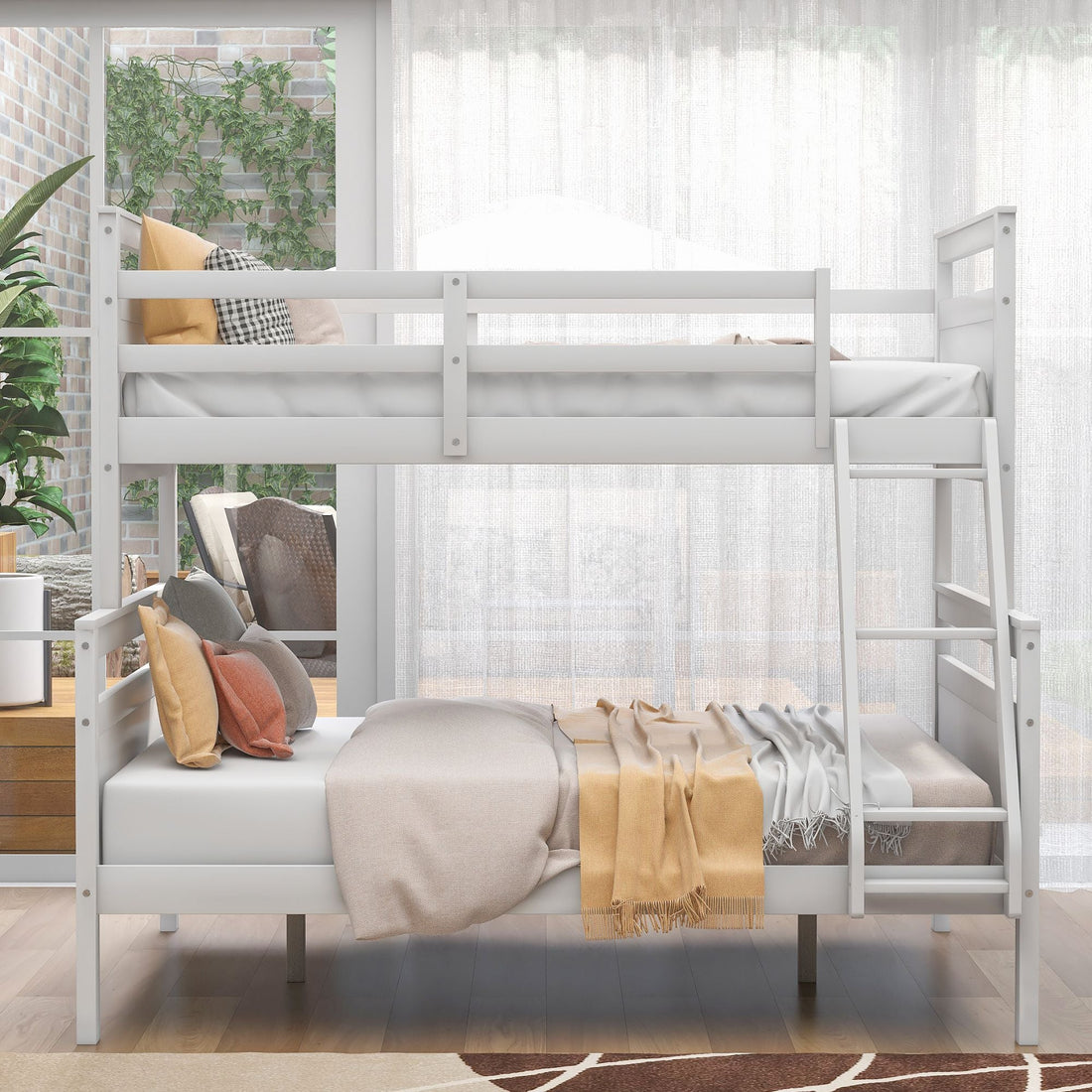 Kids Shared Room Twin Over Full Wood Bunk Bed with Ladder and Safety Guardrail, Gray | Just Better Bunk Beds - View 12