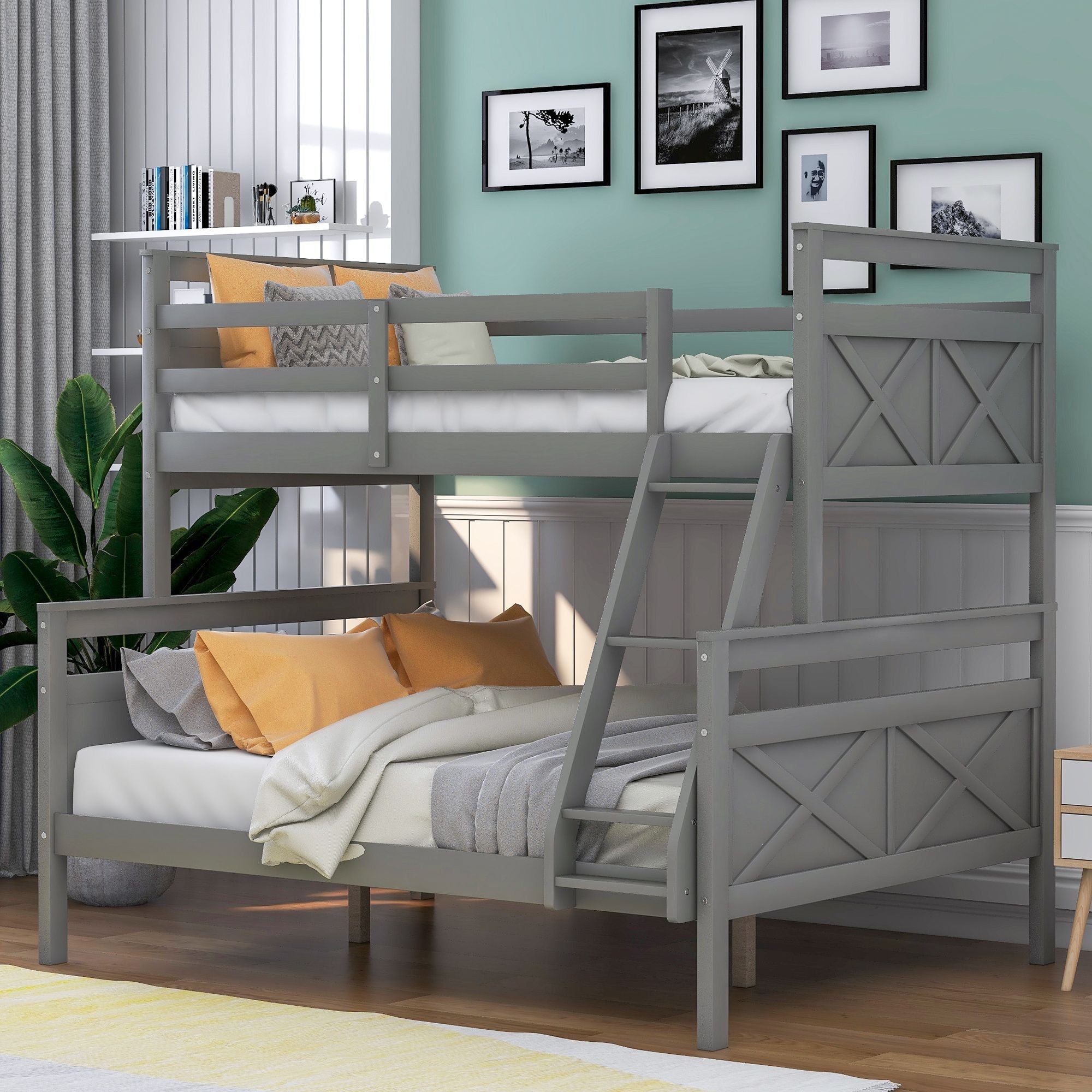 Kids Shared Room Twin Over Full Wood Bunk Bed with Ladder and Safety Guardrail, Gray | Just Better Bunk Beds - Front View