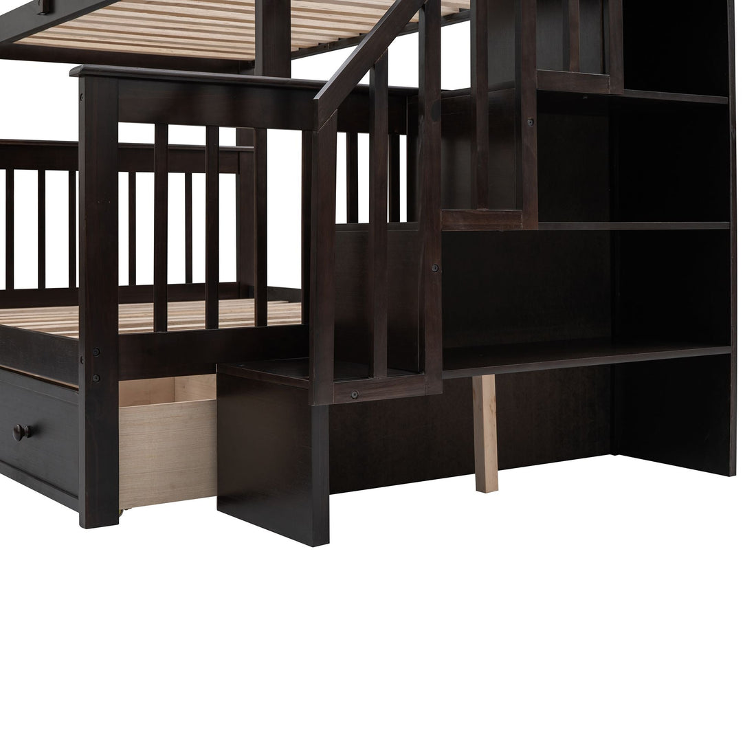 Kids Shared Room Twin Over Full Wood Bunk Bed with Stair Storage Drawers and Guardrails, Espresso | Just Better Bunk Beds - View 11