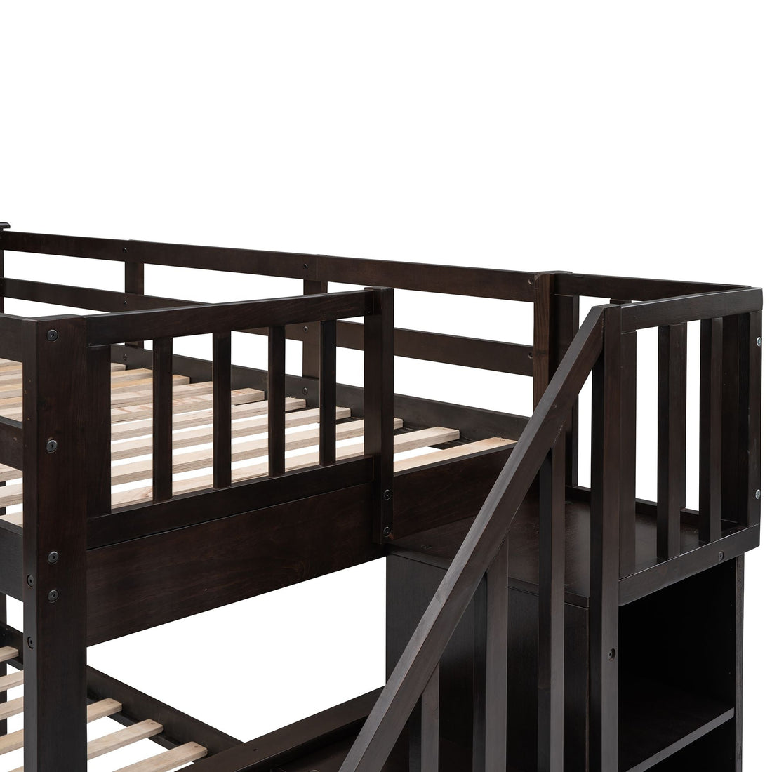Kids Shared Room Twin Over Full Wood Bunk Bed with Stair Storage Drawers and Guardrails, Espresso | Just Better Bunk Beds - View 12