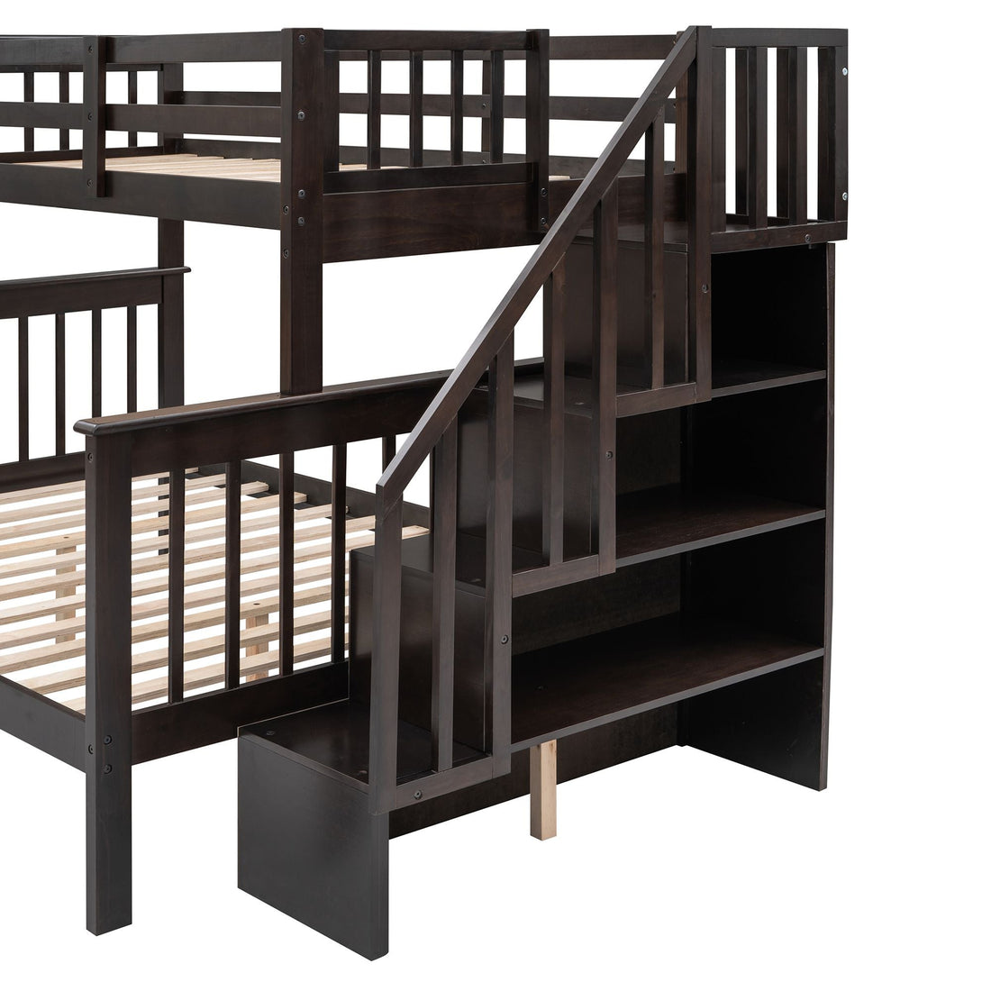 Kids Shared Room Twin Over Full Wood Bunk Bed with Stair Storage Drawers and Guardrails, Espresso | Just Better Bunk Beds - View 8