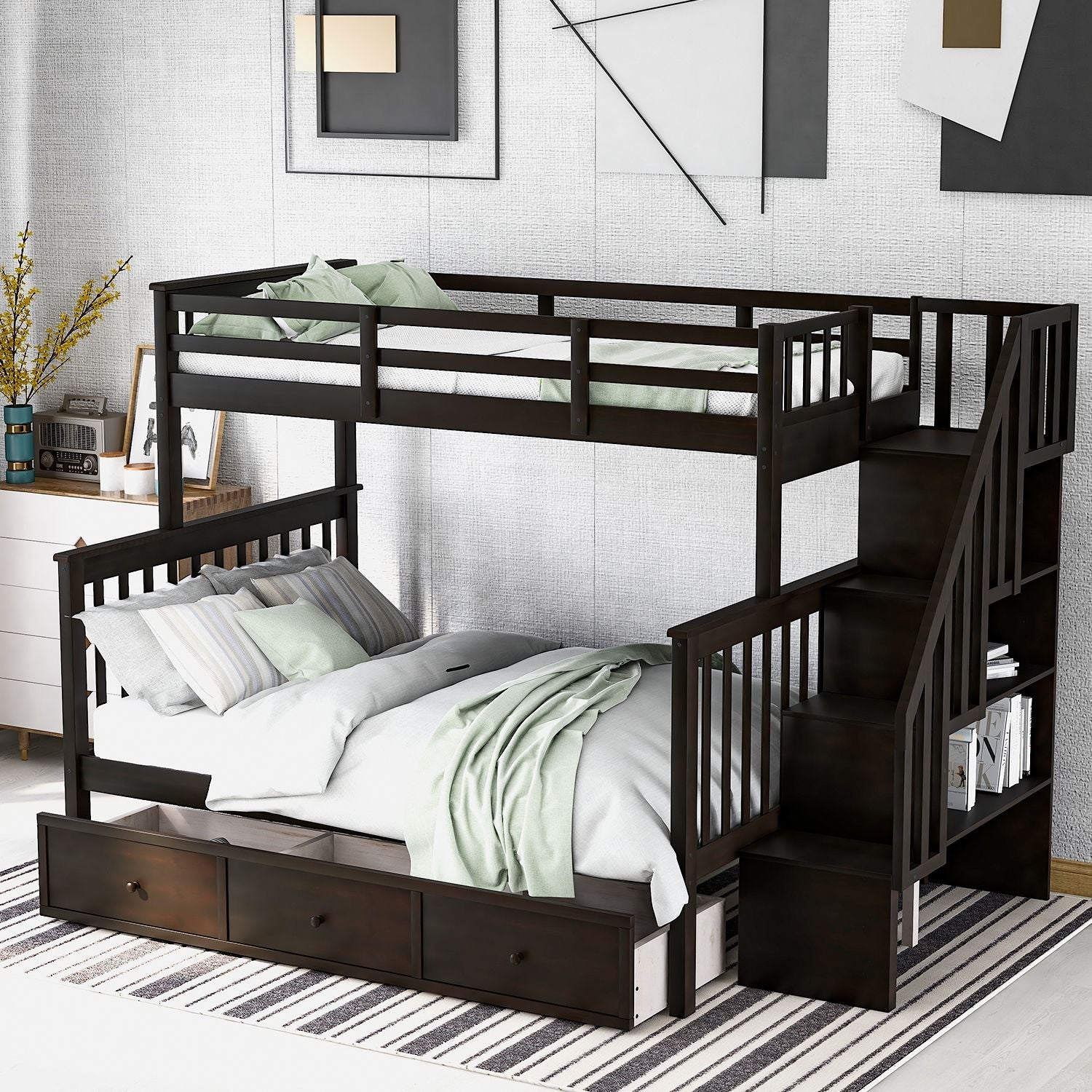 Kids Shared Room Twin Over Full Wood Bunk Bed with Stair Storage Drawers and Guardrails, Espresso | Just Better Bunk Beds - Front View