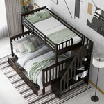 Kids Shared Room Twin Over Full Wood Bunk Bed with Stair Storage Drawers and Guardrails, Espresso | Just Better Bunk Beds - Side View