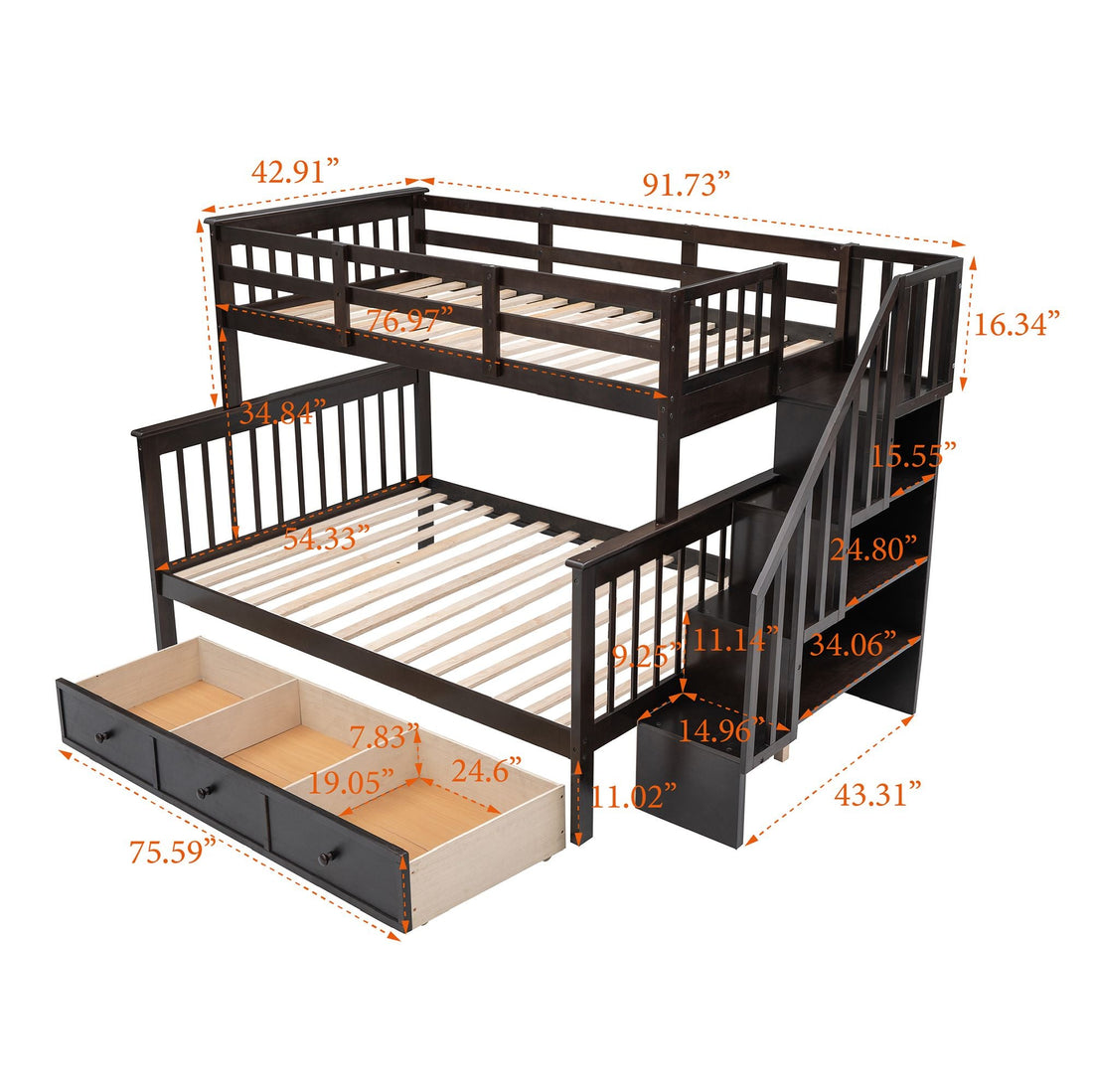 Kids Shared Room Twin Over Full Wood Bunk Bed with Stair Storage Drawers and Guardrails, Espresso | Just Better Bunk Beds - View 19