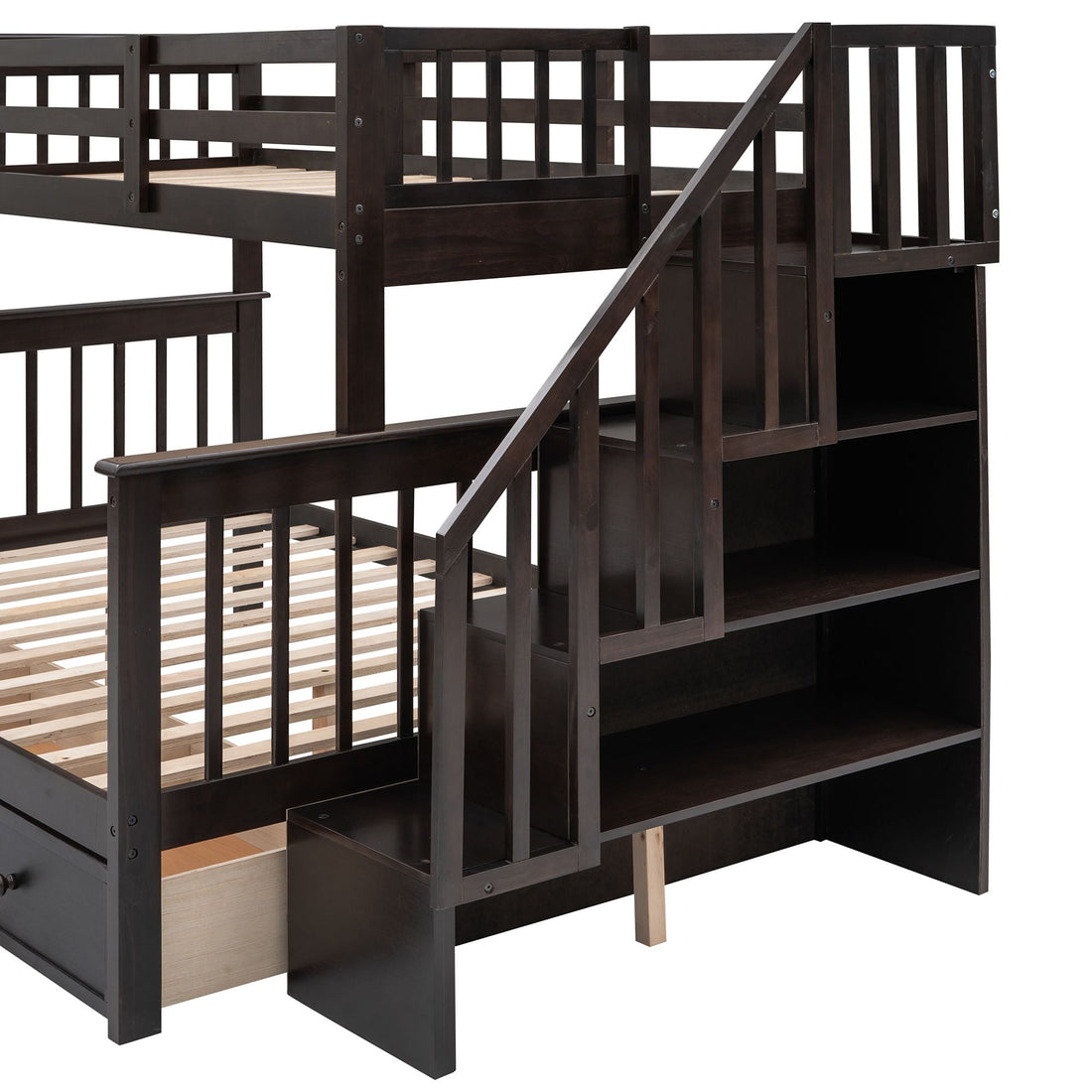 Kids Shared Room Twin Over Full Wood Bunk Bed with Stair Storage Drawers and Guardrails, Espresso | Just Better Bunk Beds - View 13