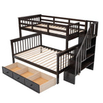 Kids Shared Room Twin Over Full Wood Bunk Bed with Stair Storage Drawers and Guardrails, Espresso | Just Better Bunk Beds - View 7