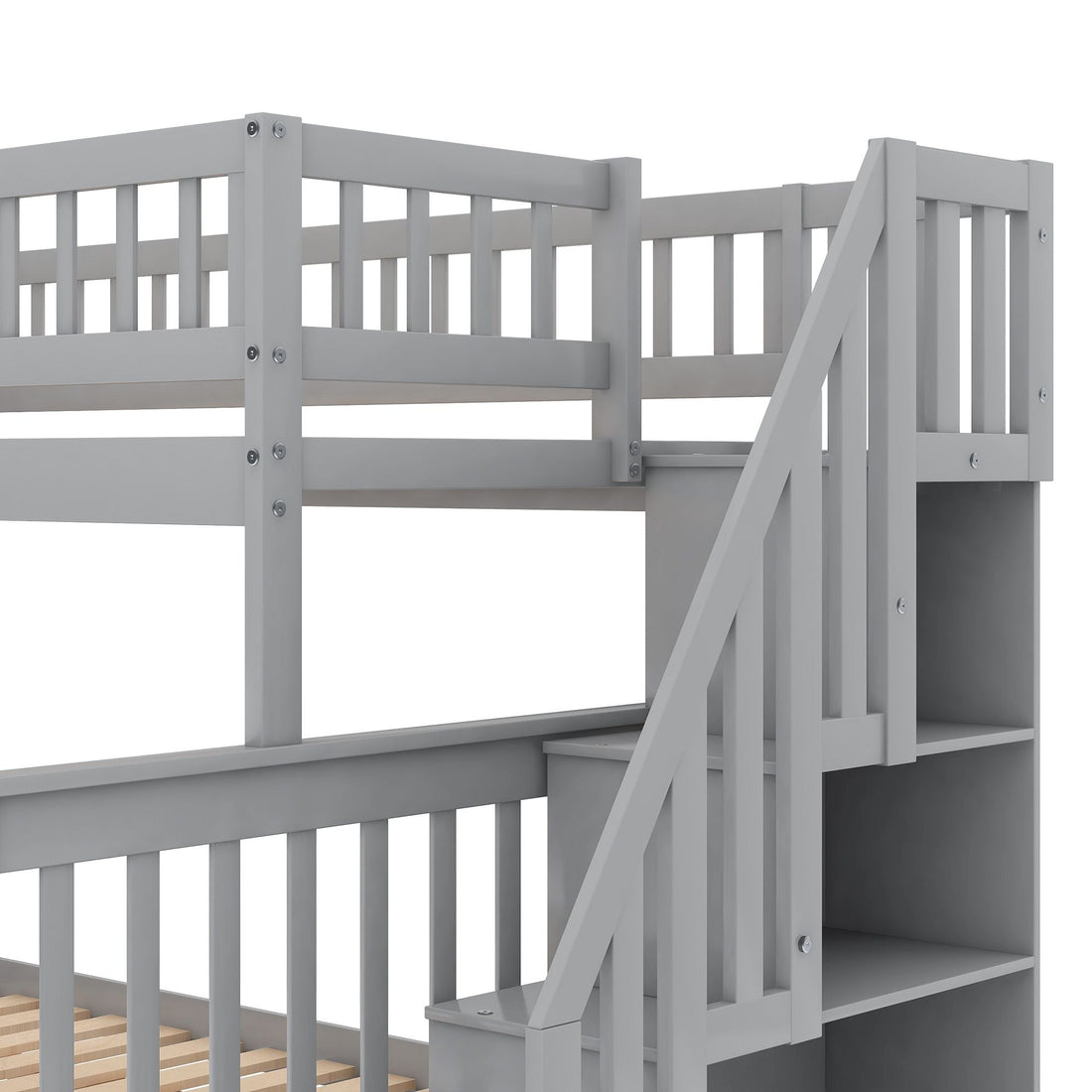 Kids Shared Room Twin Over Full Wood Bunk Bed with Staircase Storage and Trundle, Gray | Just Better Bunk Beds - View 6