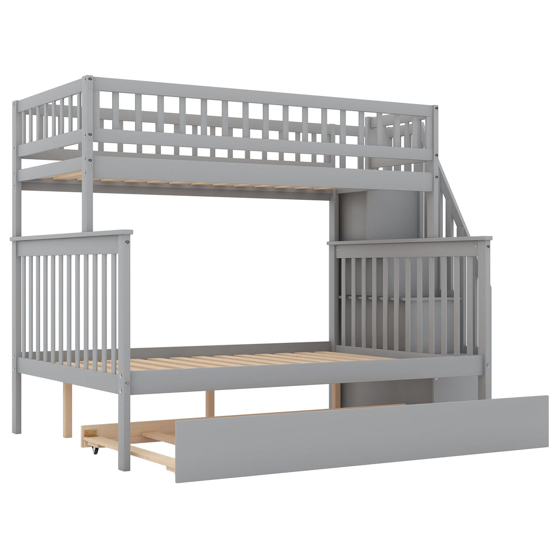Kids Shared Room Twin Over Full Wood Bunk Bed with Staircase Storage and Trundle, Gray | Just Better Bunk Beds - View 10
