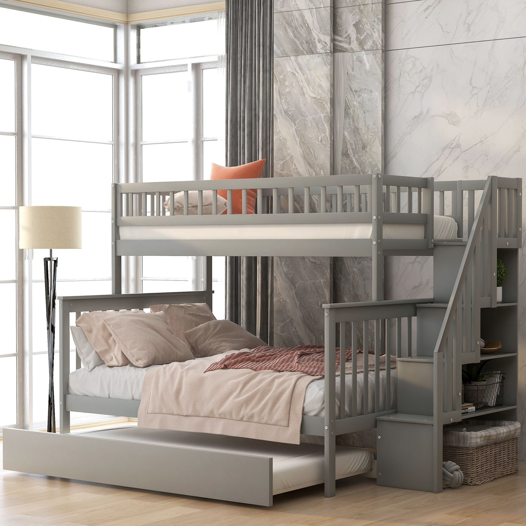 Kids Shared Room Twin Over Full Wood Bunk Bed with Staircase Storage and Trundle, Gray | Just Better Bunk Beds - Front View
