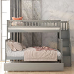 Kids Shared Room Twin Over Full Wood Bunk Bed with Staircase Storage and Trundle, Gray | Just Better Bunk Beds - Side View
