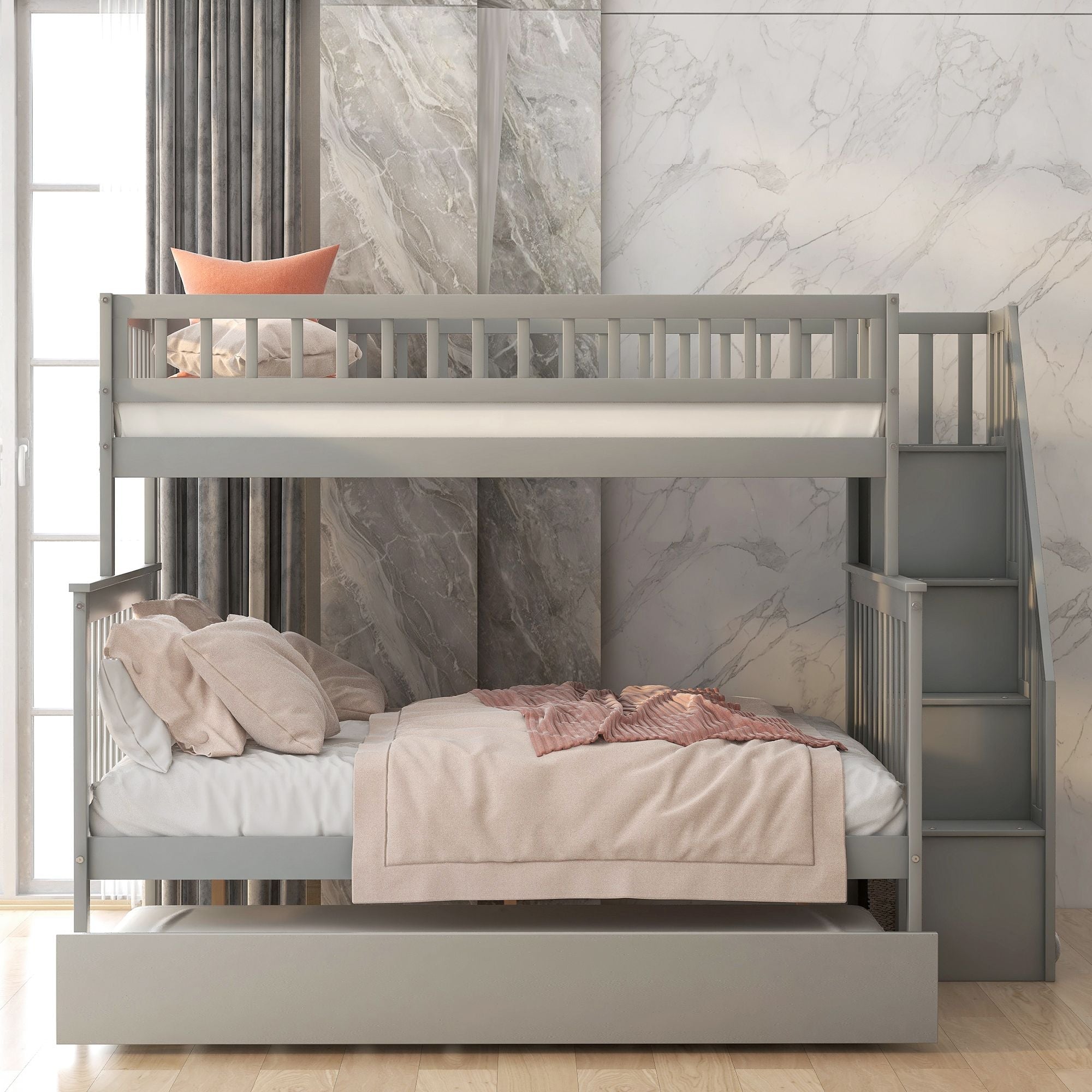 Kids Shared Room Twin Over Full Wood Bunk Bed with Staircase Storage and Trundle, Gray | Just Better Bunk Beds - Side View