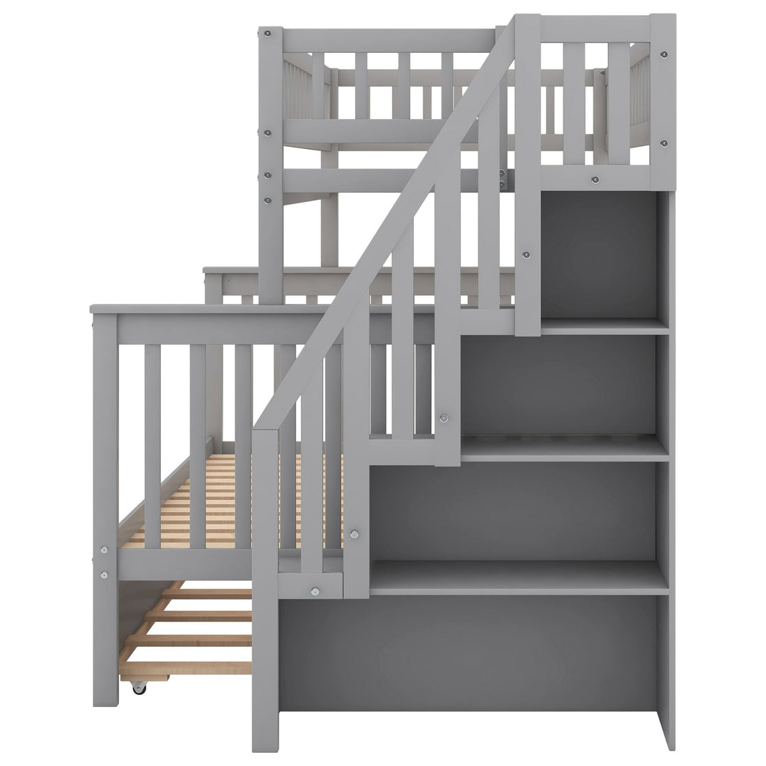 Kids Shared Room Twin Over Full Wood Bunk Bed with Staircase Storage and Trundle, Gray | Just Better Bunk Beds - View 7
