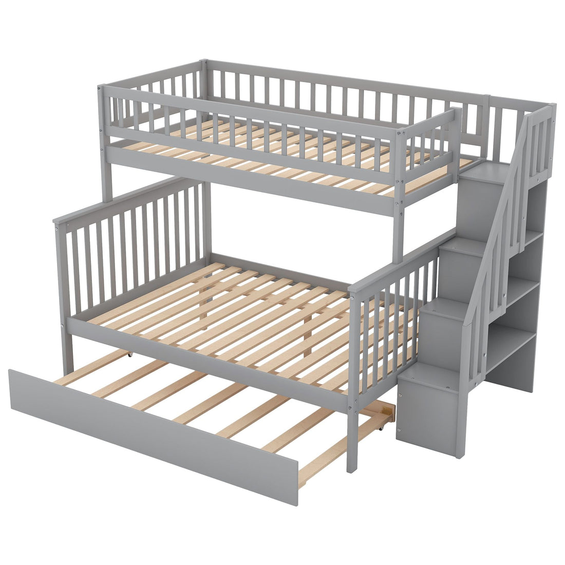 Kids Shared Room Twin Over Full Wood Bunk Bed with Staircase Storage and Trundle, Gray | Just Better Bunk Beds - View 8