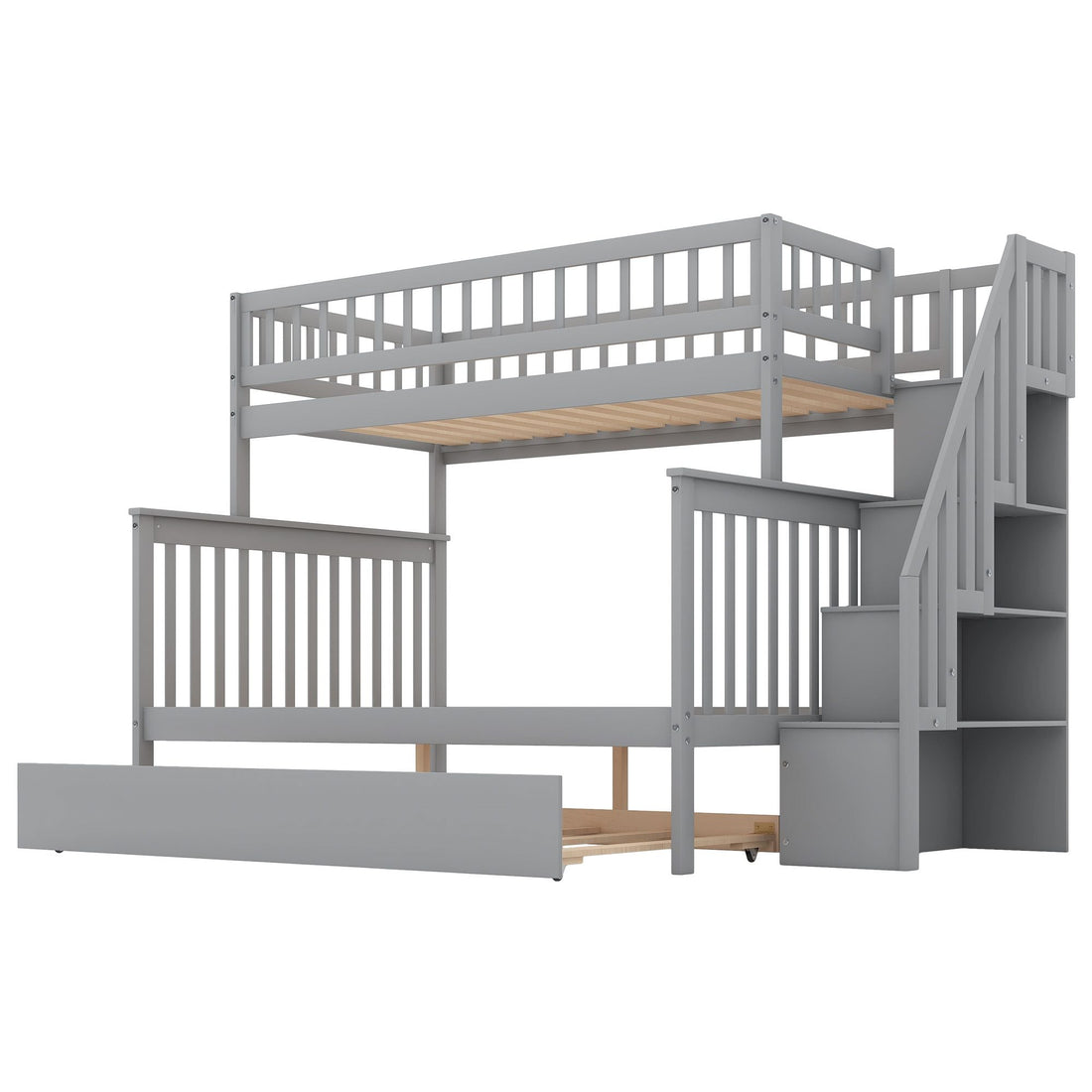 Kids Shared Room Twin Over Full Wood Bunk Bed with Staircase Storage and Trundle, Gray | Just Better Bunk Beds - View 9