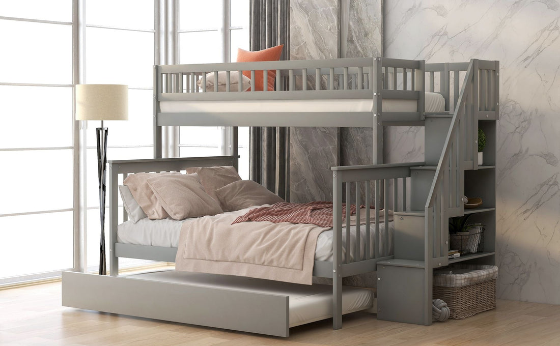 Kids Shared Room Twin Over Full Wood Bunk Bed with Staircase Storage and Trundle, Gray | Just Better Bunk Beds - Detail View