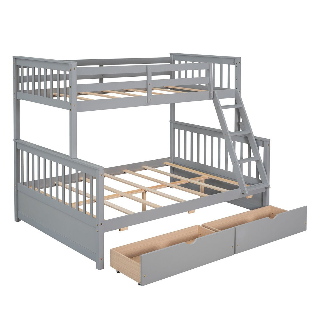 Kids Shared Room Twin Over Full Wood Bunk Bed with Storage Drawers and Ladders, Gray | Just Better Bunk Beds - Assembly View