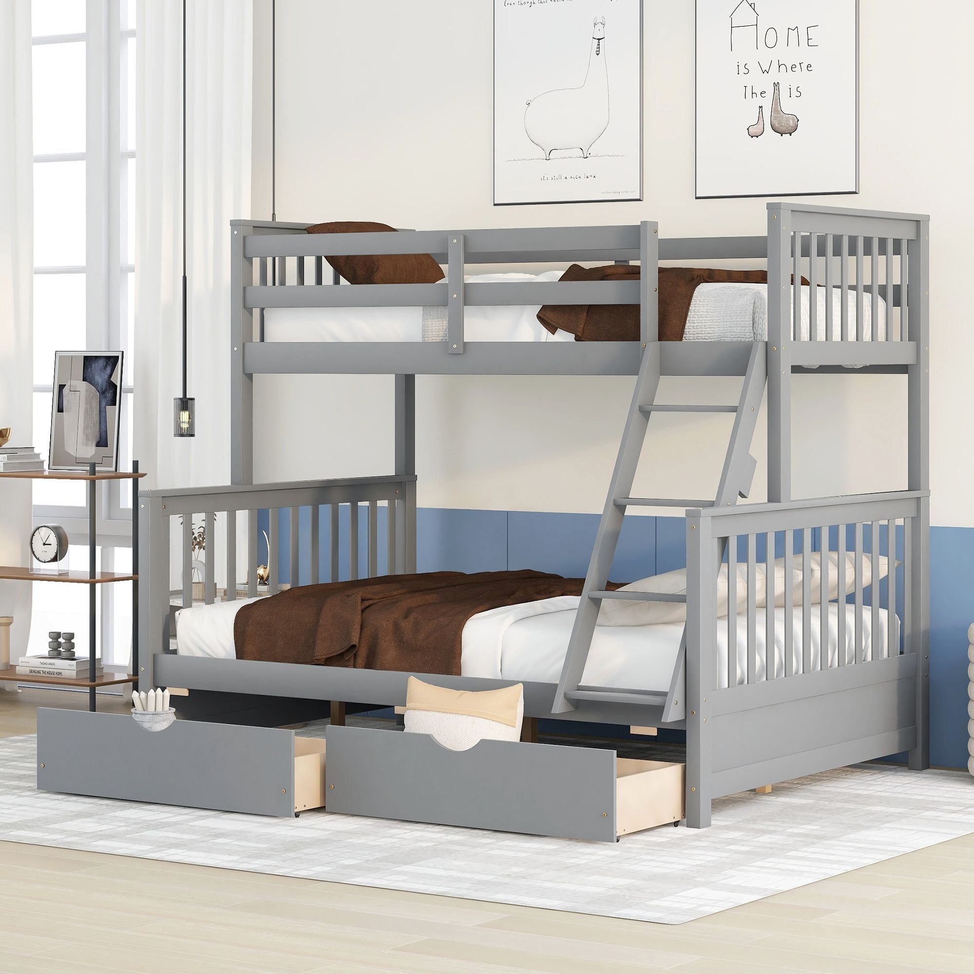 Kids Shared Room Twin Over Full Wood Bunk Bed with Storage Drawers and Ladders, Gray | Just Better Bunk Beds - Front View