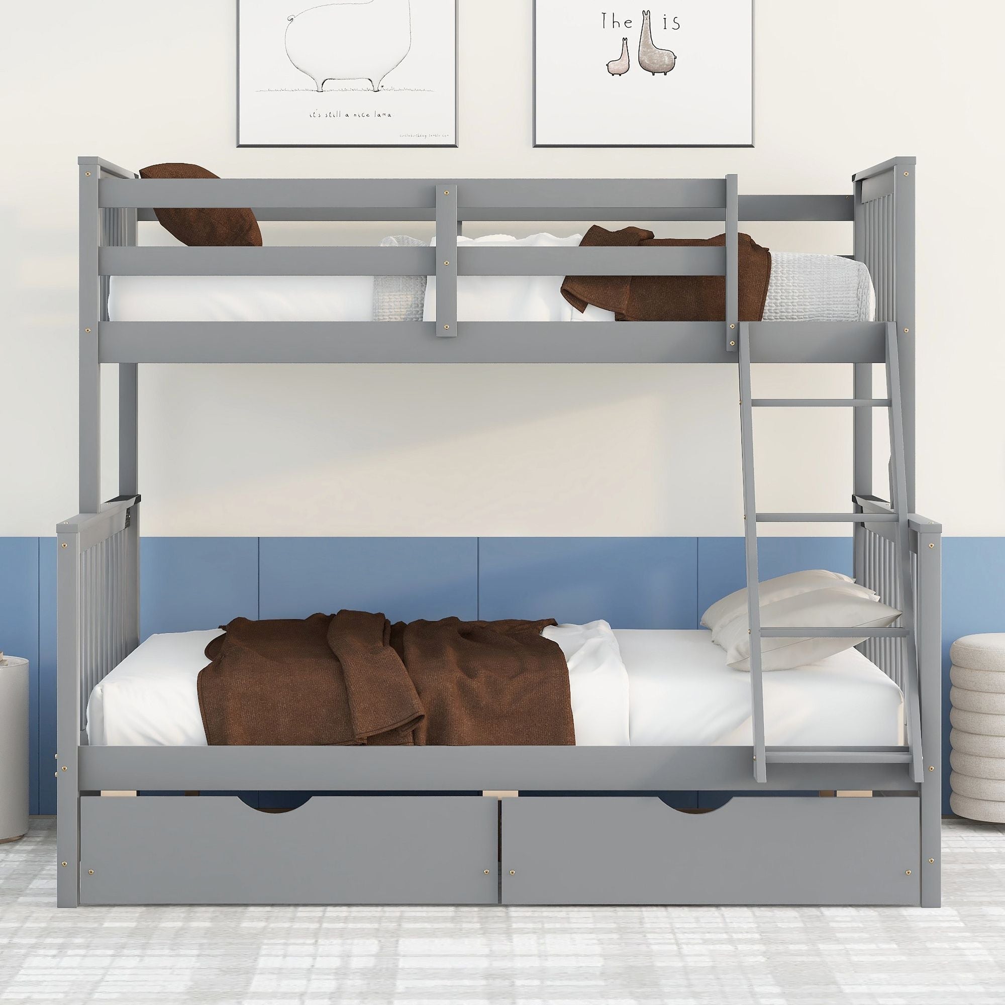 Kids Shared Room Twin Over Full Wood Bunk Bed with Storage Drawers and Ladders, Gray | Just Better Bunk Beds - Side View