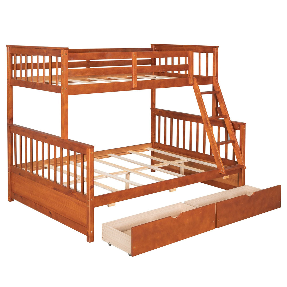 Kids Shared Room Twin Over Full Wood Bunk Bed with Storage Drawers and Ladders, Walnut | Just Better Bunk Beds - Assembly View