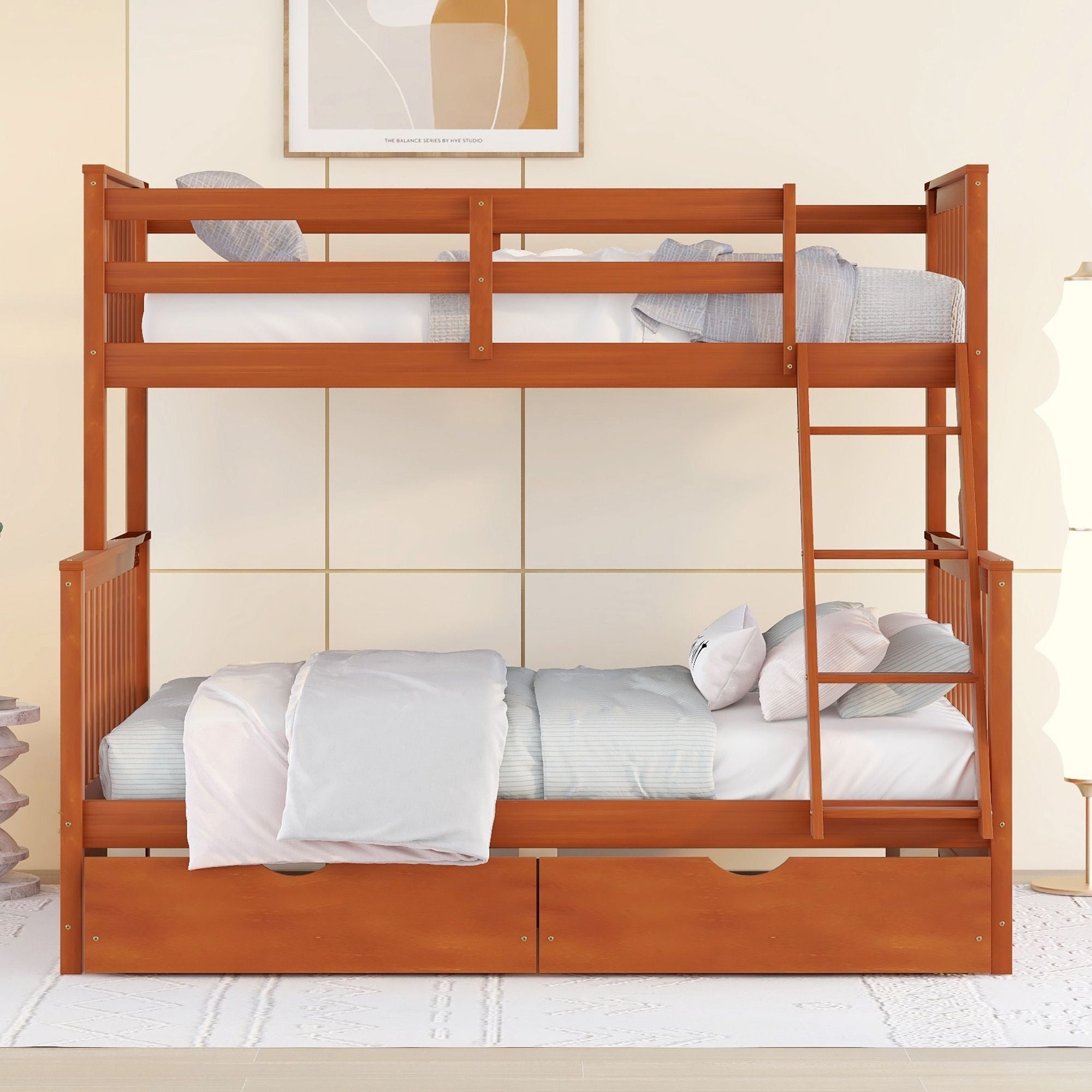 Kids Shared Room Twin Over Full Wood Bunk Bed with Storage Drawers and Ladders, Walnut | Just Better Bunk Beds - Side View