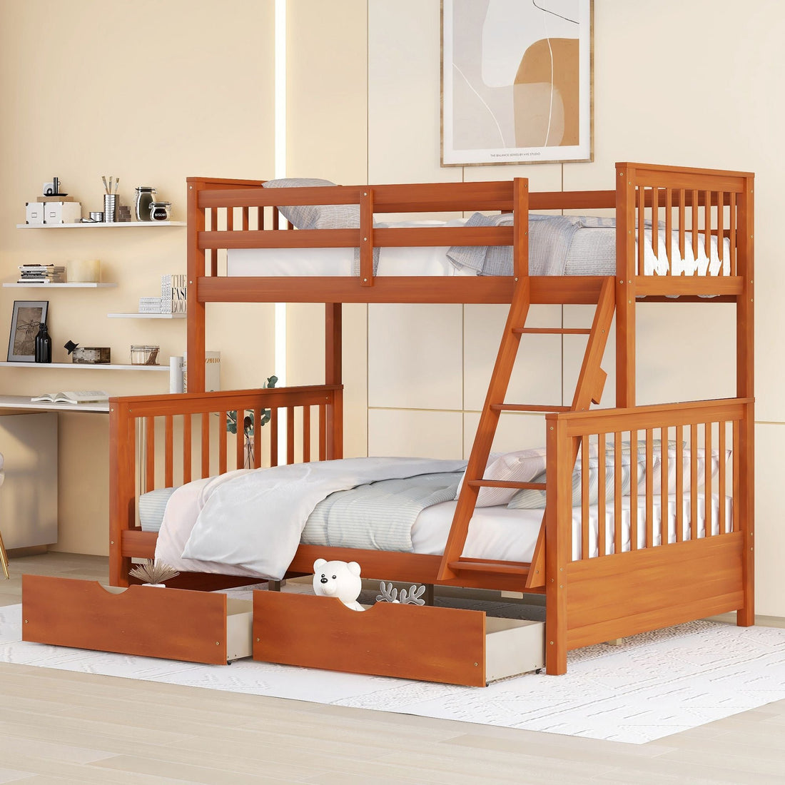 Kids Shared Room Twin Over Full Wood Bunk Bed with Storage Drawers and Ladders, Walnut | Just Better Bunk Beds - Front View