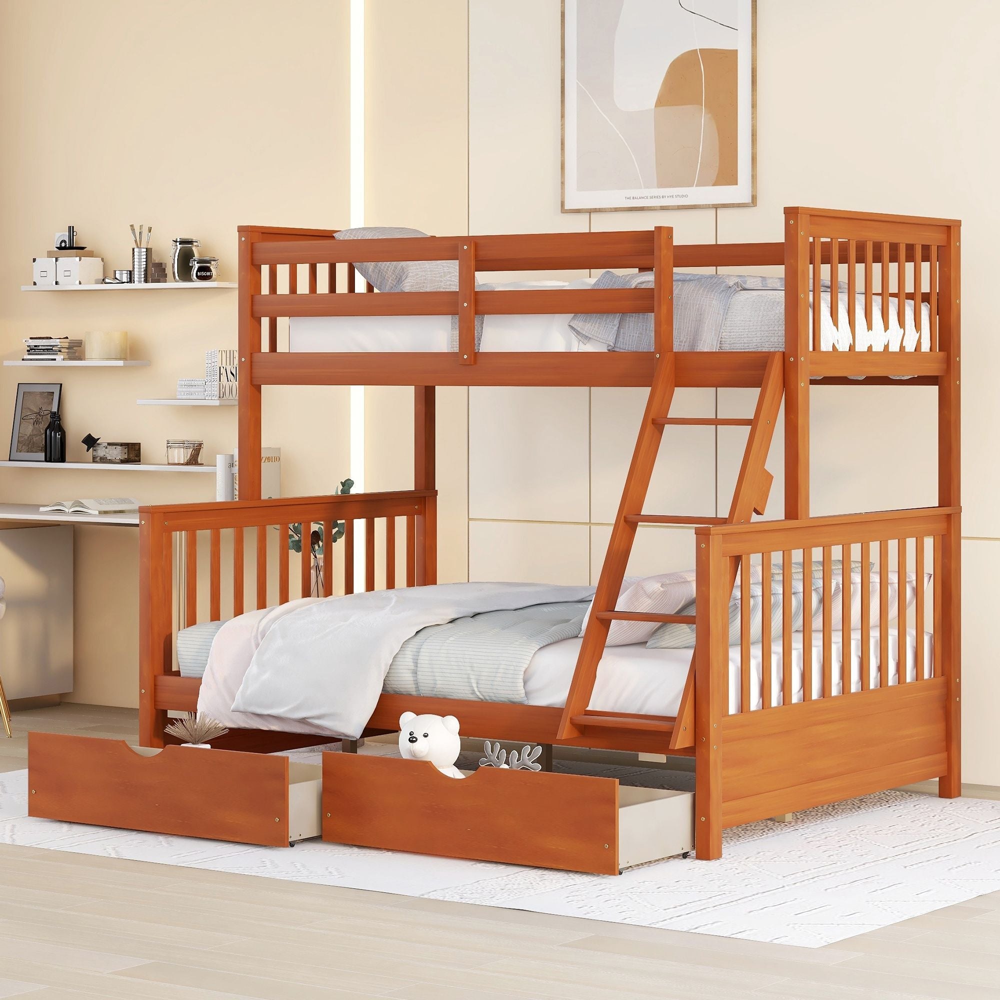 Kids Shared Room Twin Over Full Wood Bunk Bed with Storage Drawers and Ladders, Walnut | Just Better Bunk Beds - Front View