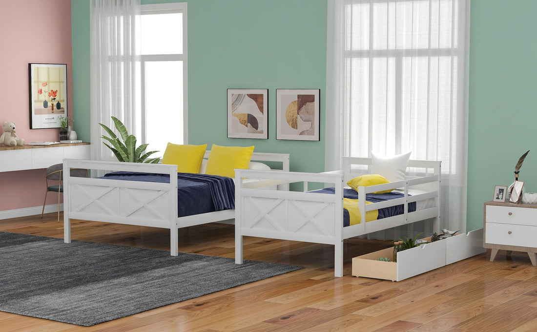 Kids Shared Room Twin Over Full Wood Bunk Bed with Storage Drawers Ladder and Guardrails White | Just Better Bunk Beds - View 5