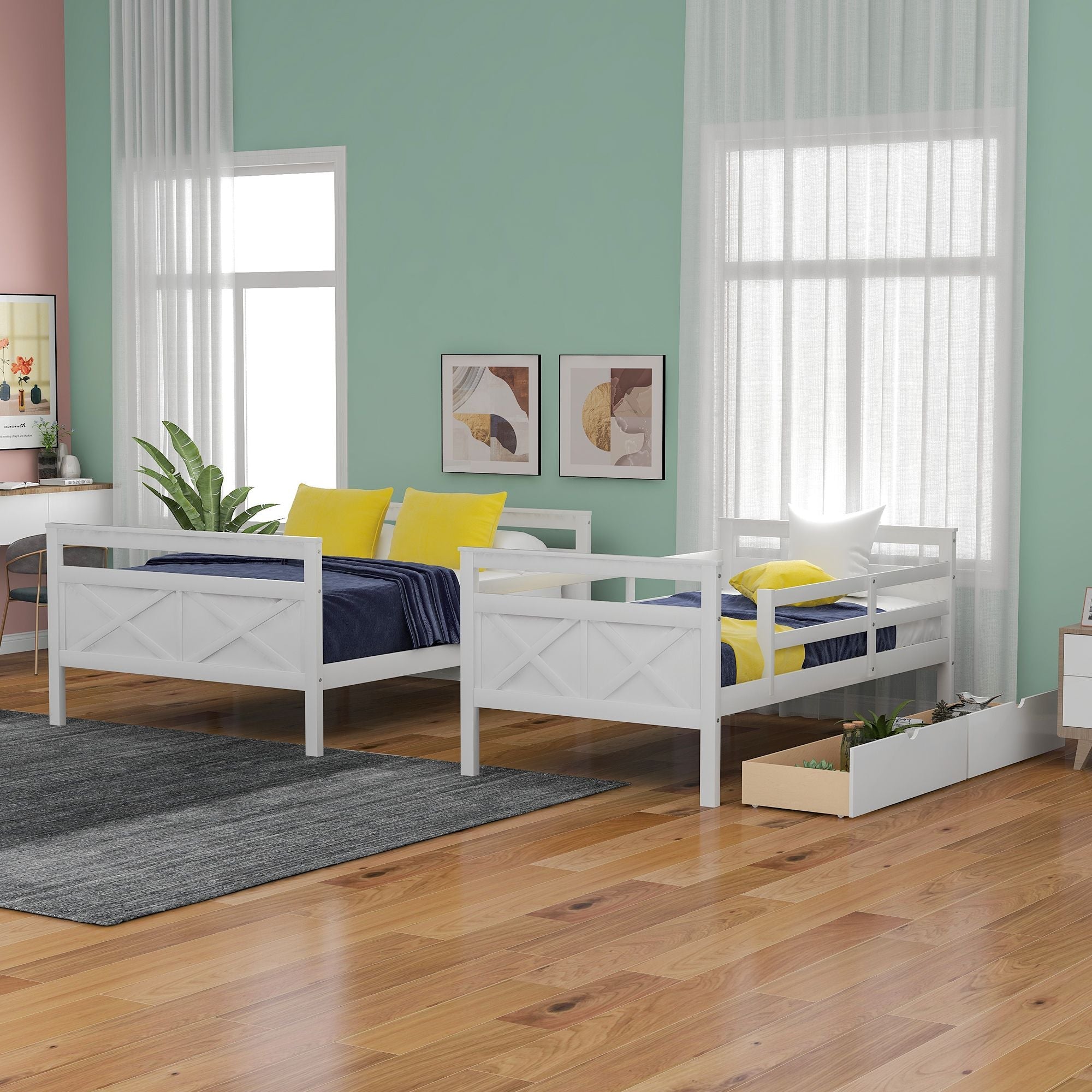 Kids Shared Room Twin Over Full Wood Bunk Bed with Storage Drawers Ladder and Guardrails White | Just Better Bunk Beds - Side View