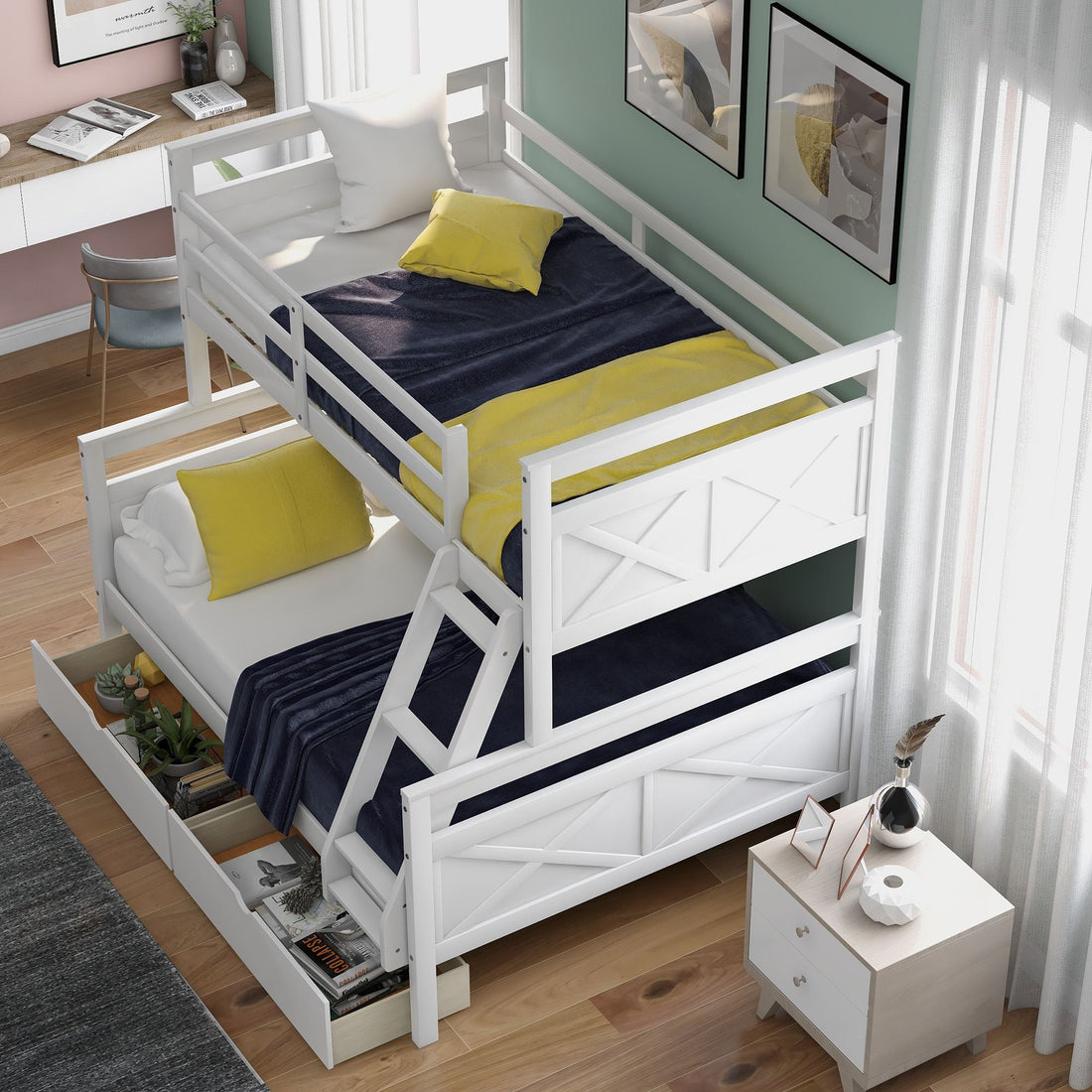 Kids Shared Room Twin Over Full Wood Bunk Bed with Storage Drawers Ladder and Guardrails White | Just Better Bunk Beds - Assembly View
