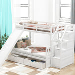 Kids Shared Room Twin Over Full Wood Bunk Bed with Storage Drawers, Slide, and Stairs in White | Just Better Bunk Beds - View 5