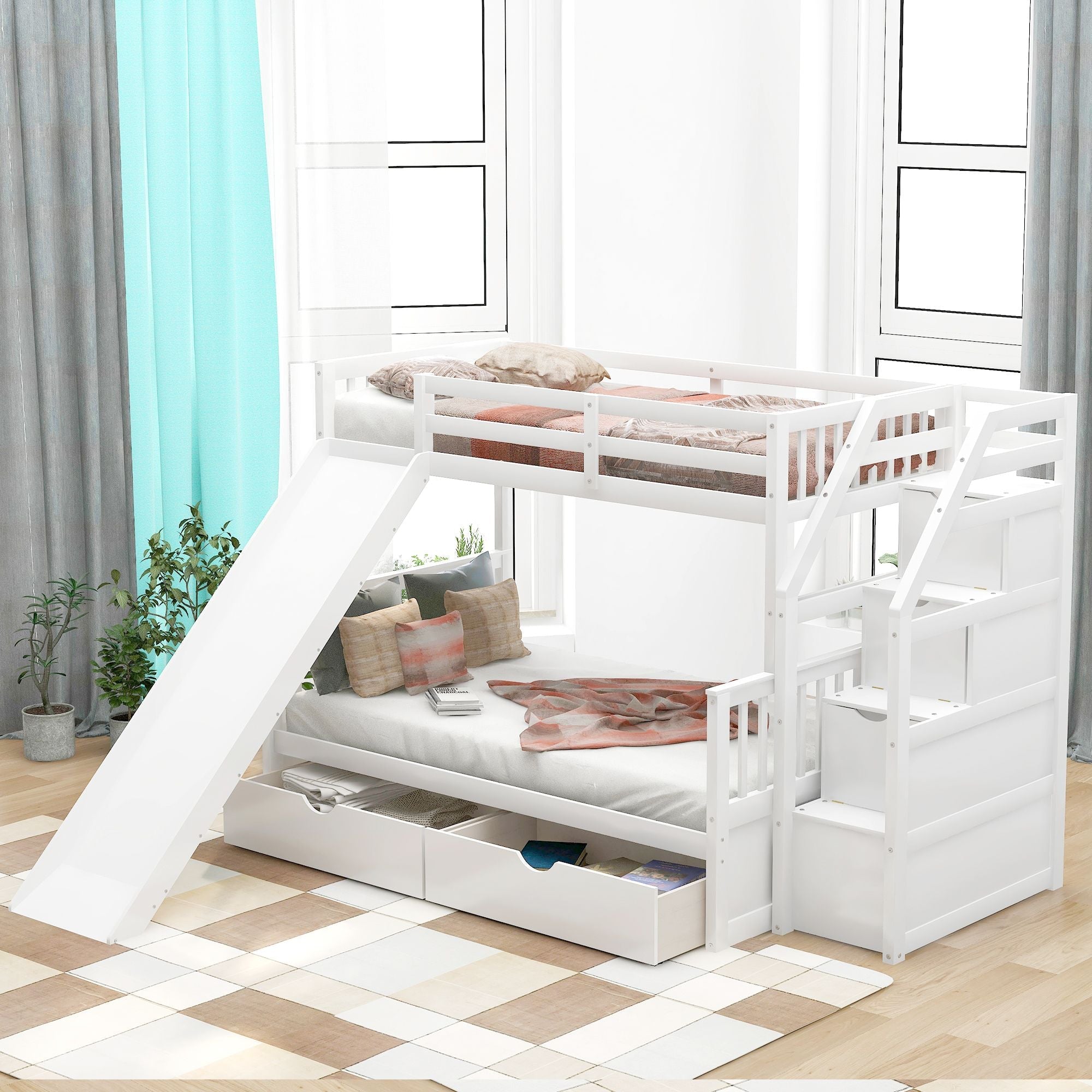 Kids Shared Room Twin Over Full Wood Bunk Bed with Storage Drawers, Slide, and Stairs in White | Just Better Bunk Beds - Front View
