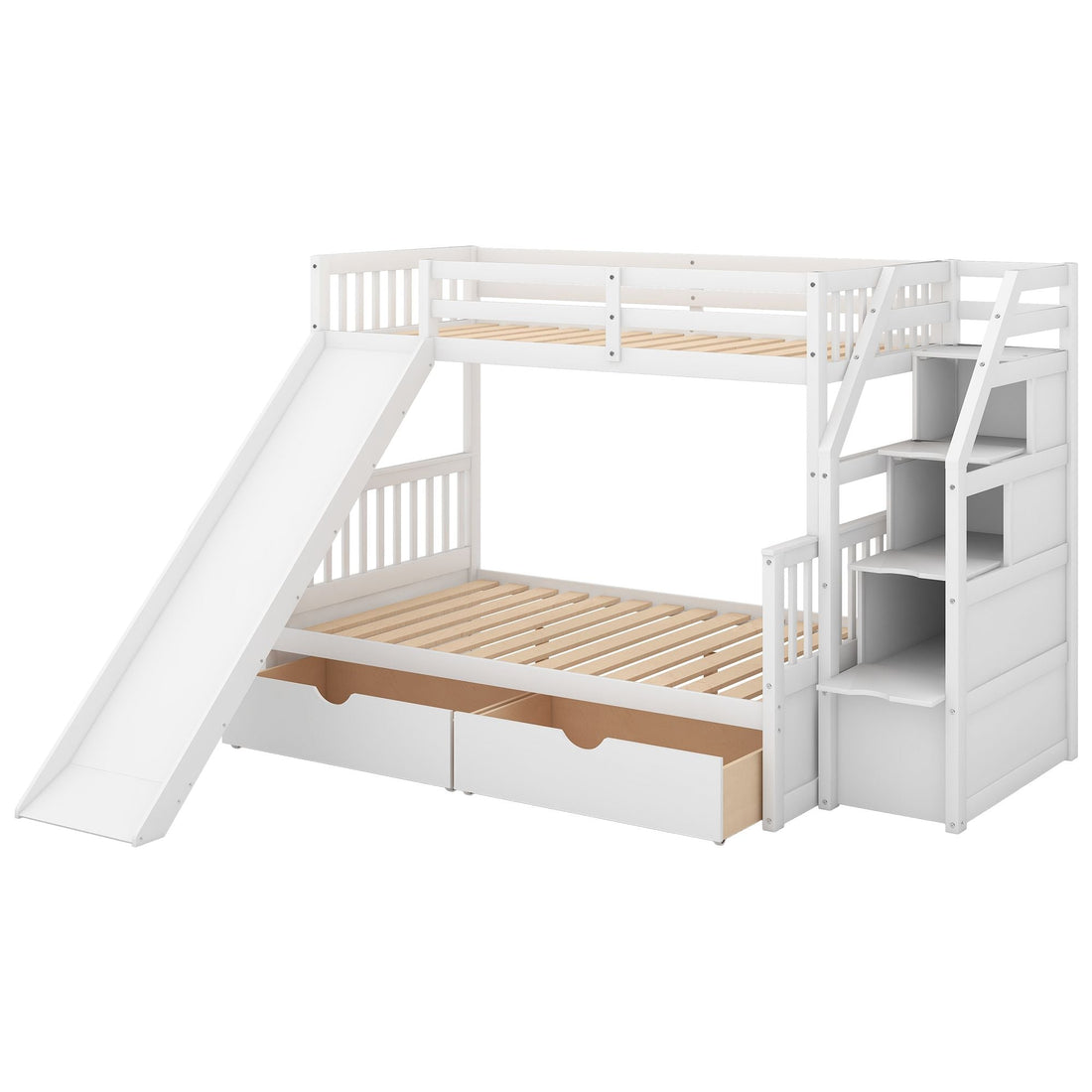 Kids Shared Room Twin Over Full Wood Bunk Bed with Storage Drawers, Slide, and Stairs in White | Just Better Bunk Beds - View 7