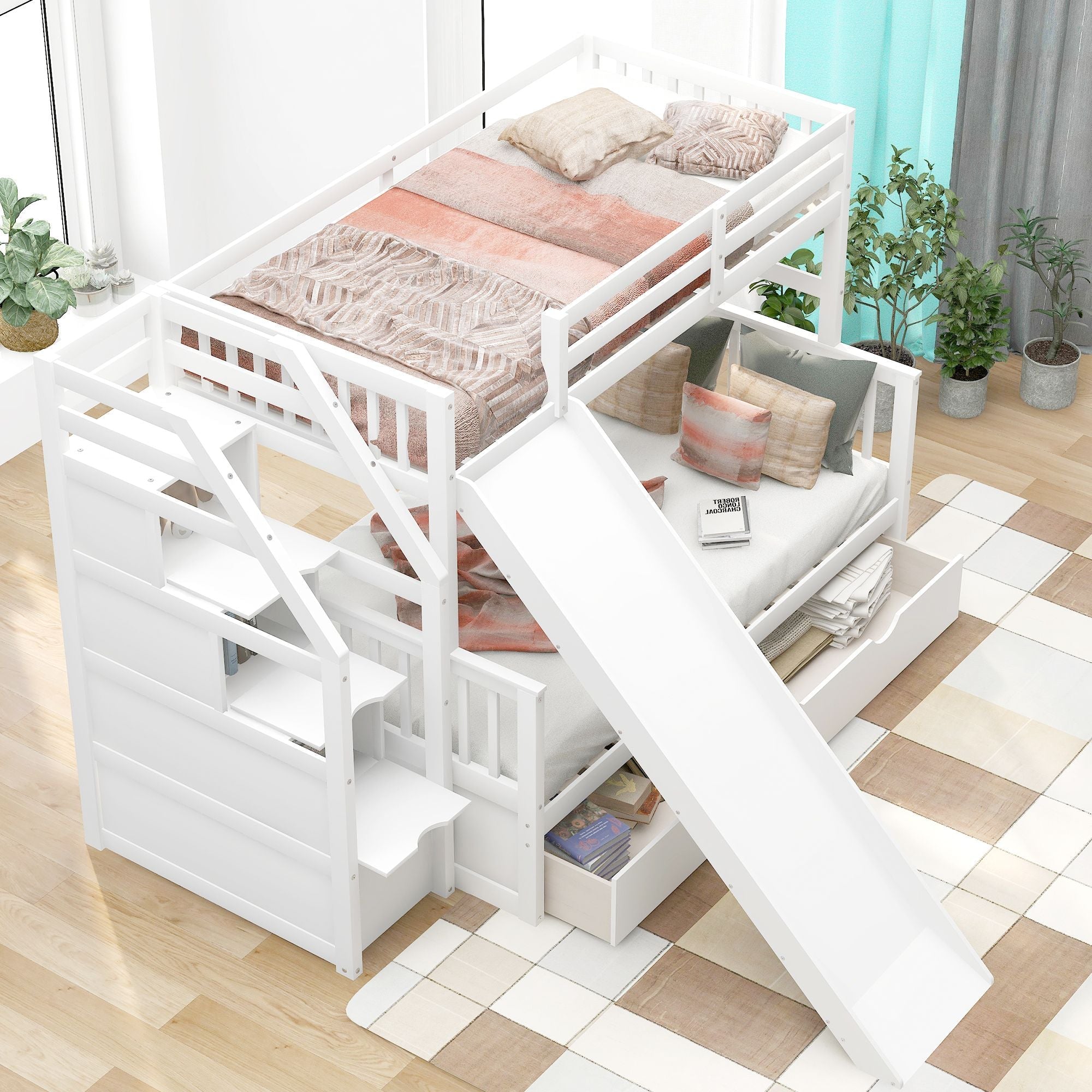 Kids Shared Room Twin Over Full Wood Bunk Bed with Storage Drawers, Slide, and Stairs in White | Just Better Bunk Beds - Side View