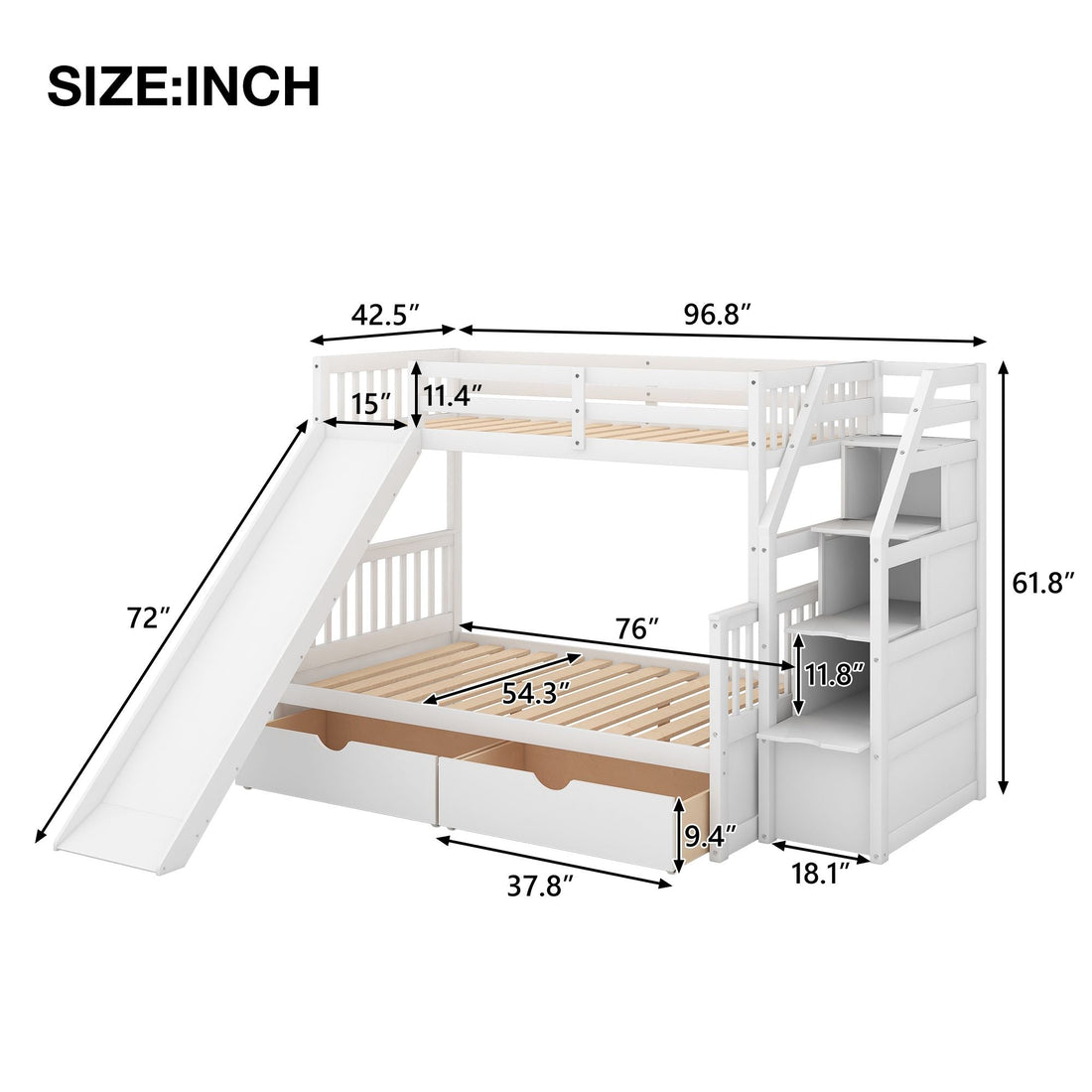 Kids Shared Room Twin Over Full Wood Bunk Bed with Storage Drawers, Slide, and Stairs in White | Just Better Bunk Beds - View 6