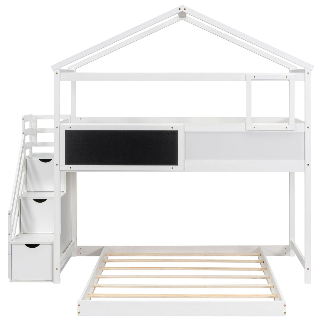Kids Shared Room Twin Over Full Wood Bunk Bed with Storage Staircase and Blackboard White | Just Better Bunk Beds - View 9