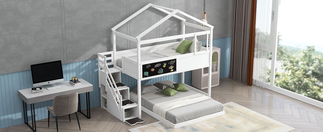 Kids Shared Room Twin Over Full Wood Bunk Bed with Storage Staircase and Blackboard White | Just Better Bunk Beds - Assembly View