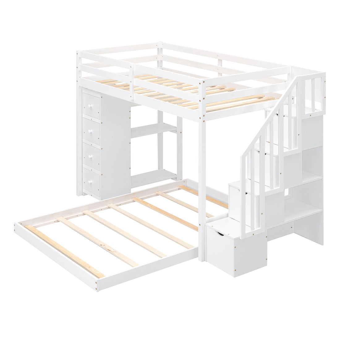 Kids Shared Room Twin Over Full Wood Bunk Bed with Storage Stairs, Shelves, Drawers White | Just Better Bunk Beds - View 8